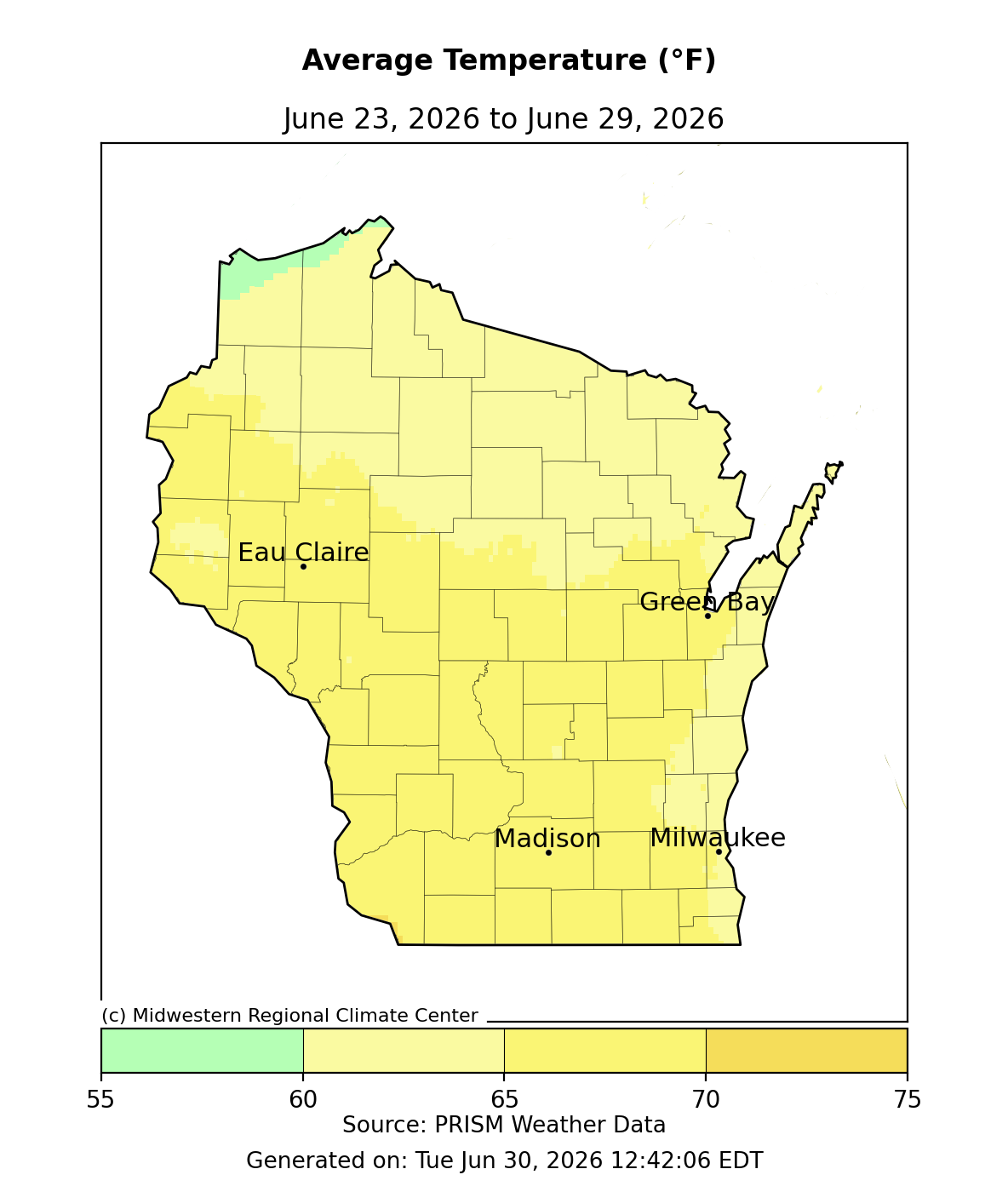 Map of Wisconsin average temperature, June 23–29, 2026, mostly 65–70°F statewide; image description below.