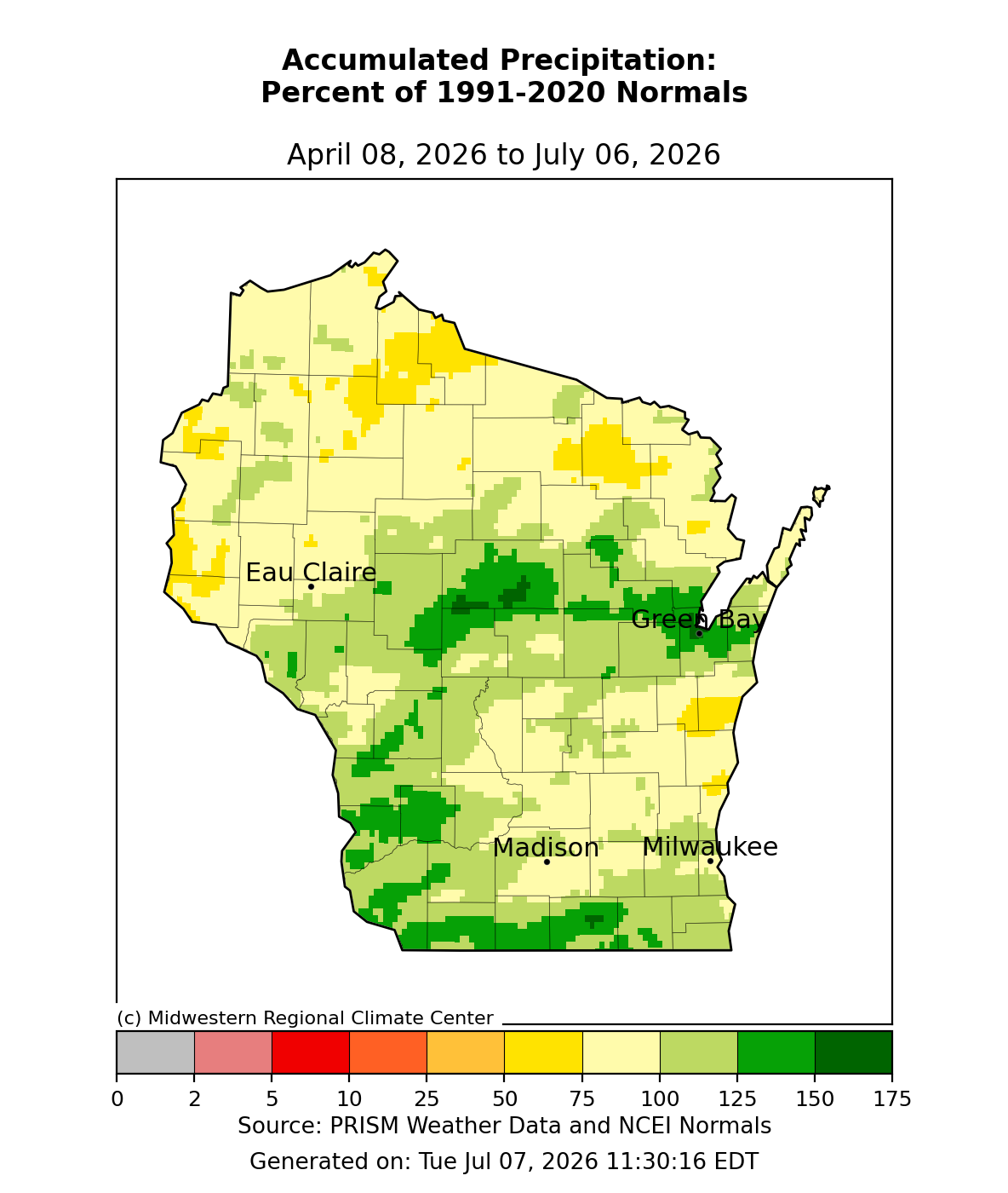 WI accumulated precipitation % of normal, Apr 8–Jul 6, 2026. Image description below.