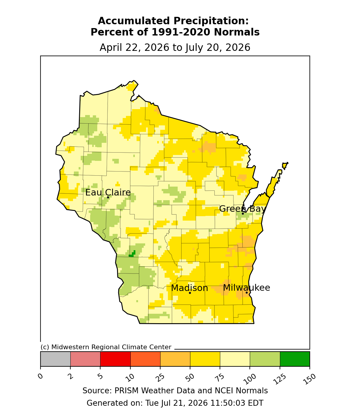 Map of Wisconsin 90-day accumulated precipitation, Apr 22–Jul 20, 2026. Image description below.