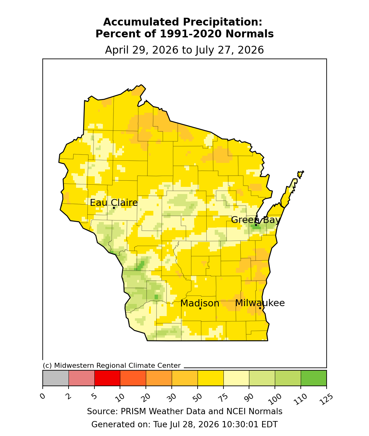 Accumulated precipitation as a percent of 1991-2020 normal, Apr. 29-Jul. 27, 2026. Most of Wisconsin was 50-90% of normal precipitation.