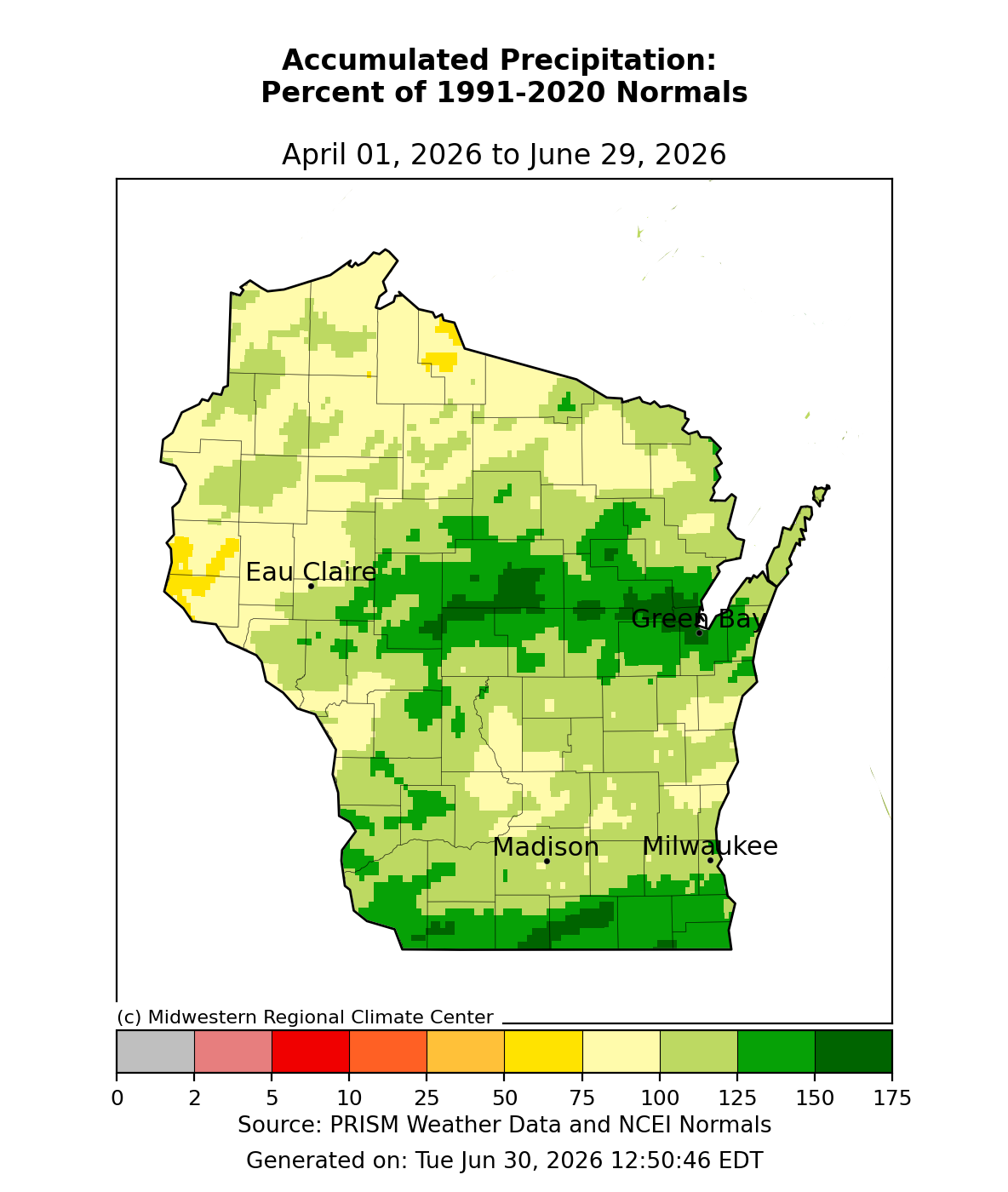 Wisconsin map, % of normal precipitation, Apr 1–Jun 29, 2026. Image description below.