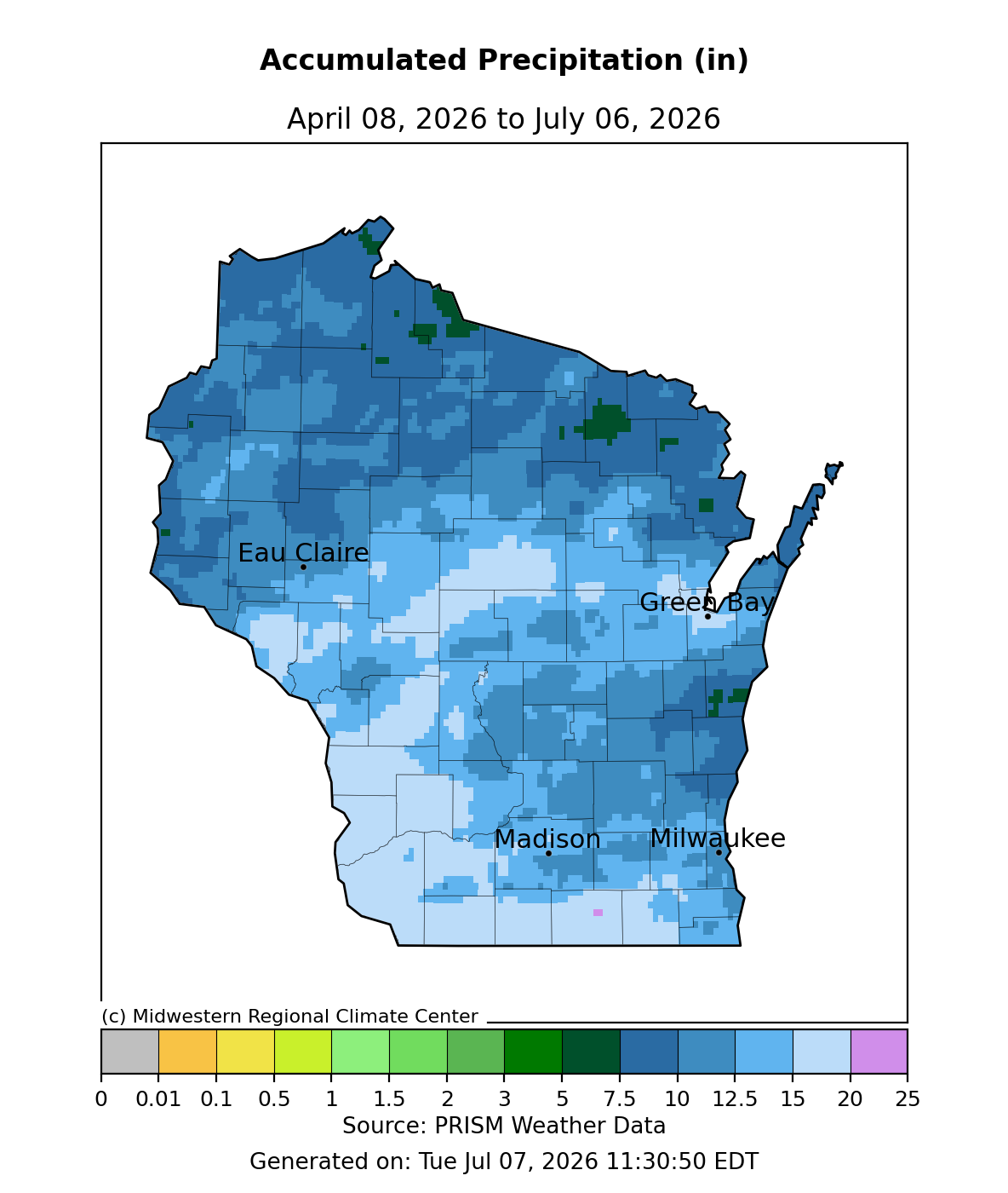 Wisconsin map, accumulated precipitation Apr 8–Jul 6, 2026. Image description below.
