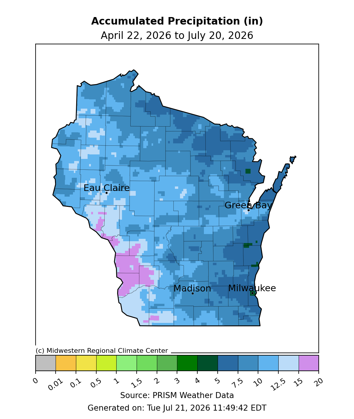 Wisconsin map of accumulated precipitation, Apr 22–Jul 20, 2026. Image description below.