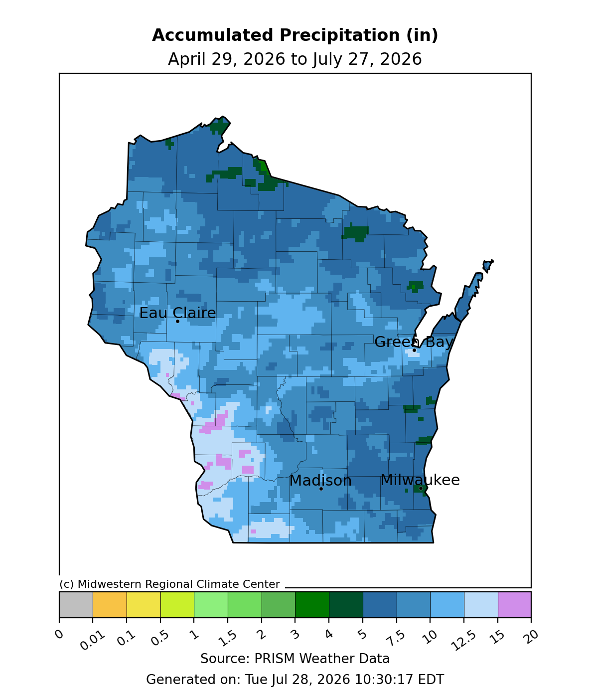 Accumulated precipitation in Wisconsin, April 29-July 27, 2026. Most areas received 5-10 inches; highest totals in parts of southwest Wisconsin.