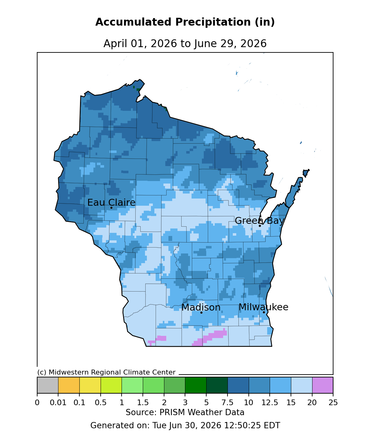 Map of Wisconsin accumulated precipitation, Apr 1–Jun 29, 2026. Image description below.