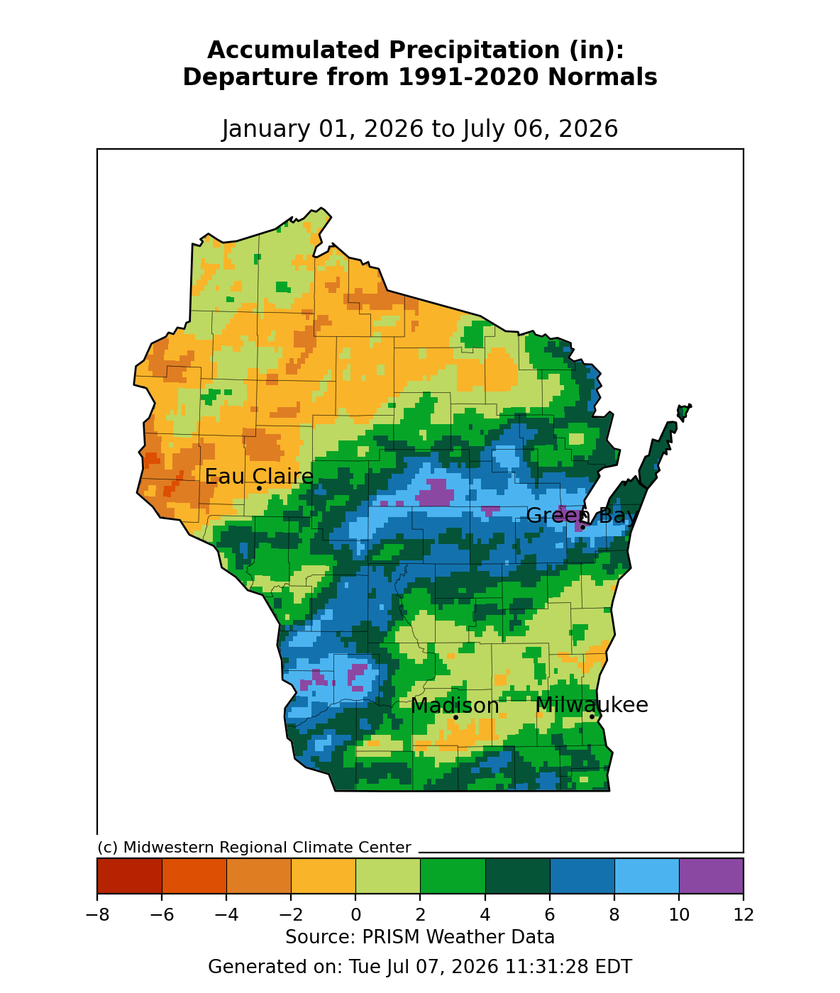 Wisconsin map, precip departure from normal, Jan 1–Jul 6 2026: north/central WI wetter, southwest drier. Image description below.