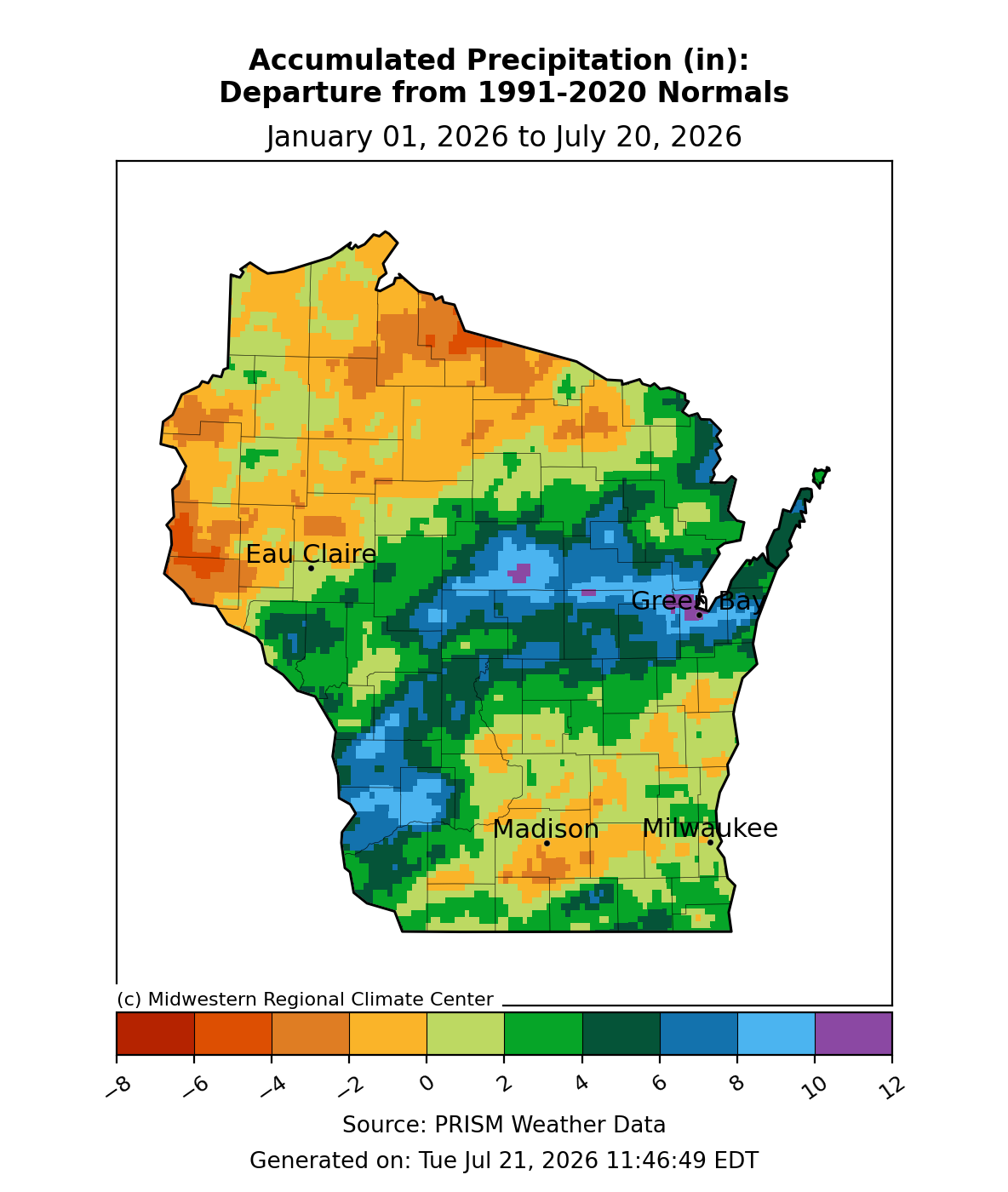 Map of Wisconsin precipitation departure from normal, Jan 1–Jul 20, 2026. Image description below.