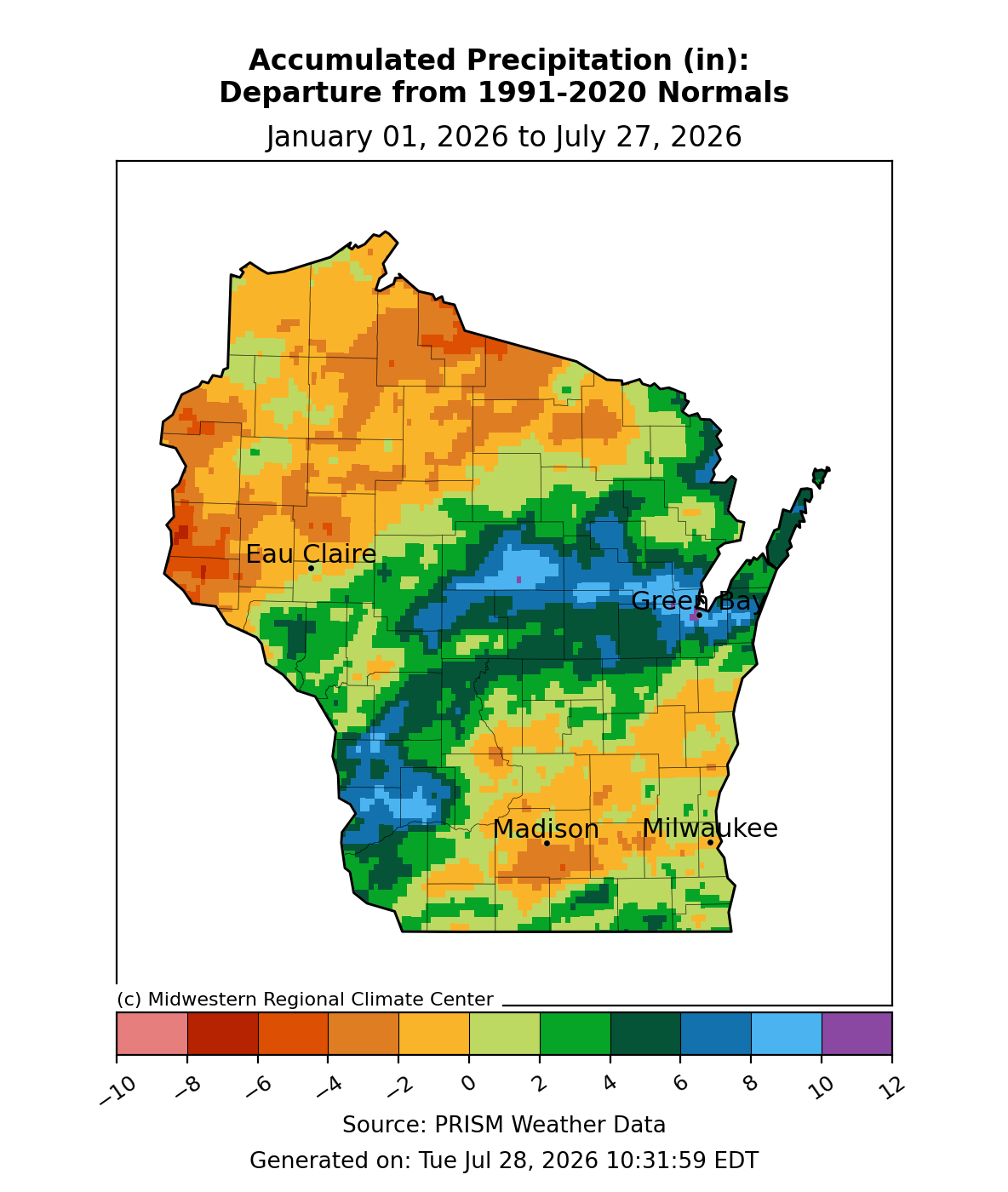 Accumulated precipitation departure from 1991-2020 normals, Jan. 1-July 27, 2026. Central and east-central Wisconsin wetter than normal; north and west drier.
