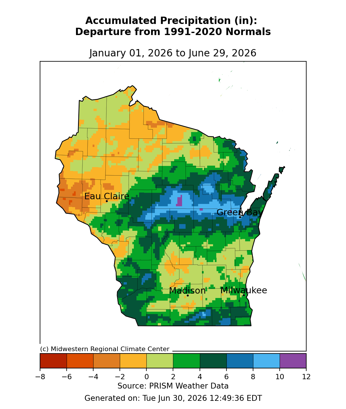 Wisconsin map: precipitation departure from normal, Jan 1–Jun 29, 2026. Central WI wettest (+8-12"); NW/N WI driest (-2-4"). Image description below.