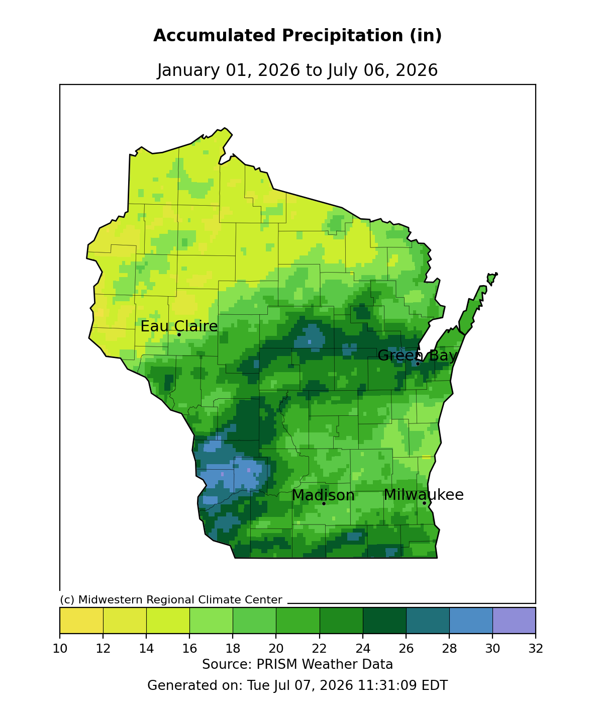 Wisconsin map, accumulated precipitation Jan 1–Jul 6, 2026, 10–32 in scale. Image description below.