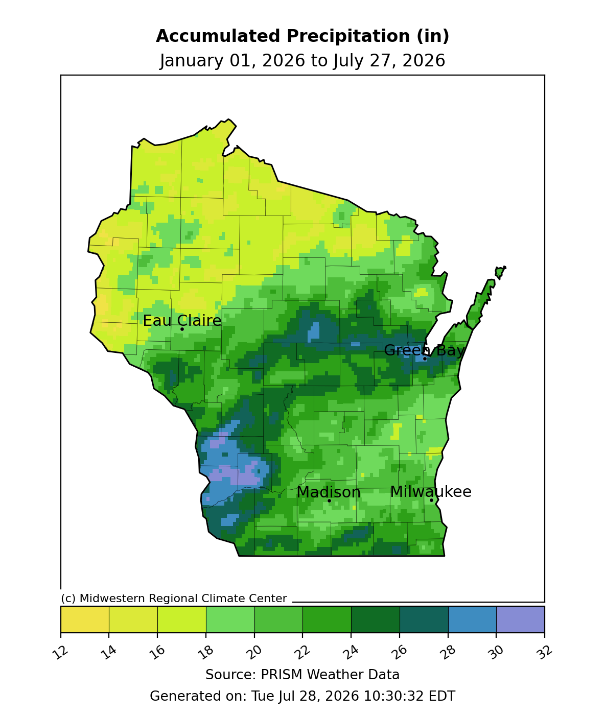 Accumulated precipitation in Wisconsin, Jan. 1-July 27, 2026. Highest totals in central, southwest, and east-central regions; lowest in the north.