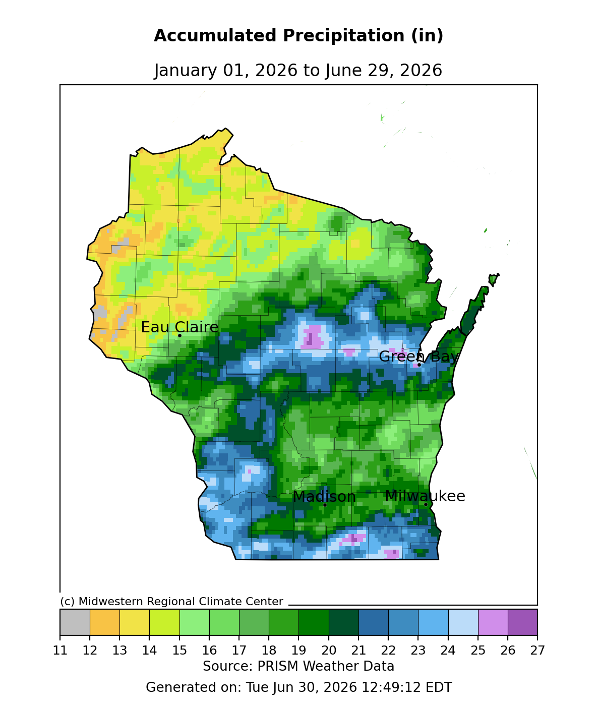 Wisconsin map, accumulated precipitation Jan 1–Jun 29, 2026. Image description below.