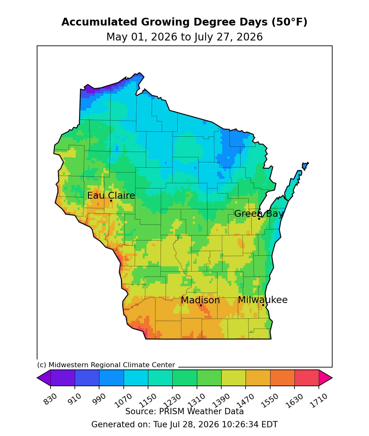 Accumulated Growing Degree Days (50°F), May 1-Jul. 27, 2026. Highest totals in southern Wisconsin; lowest near Lake Superior.