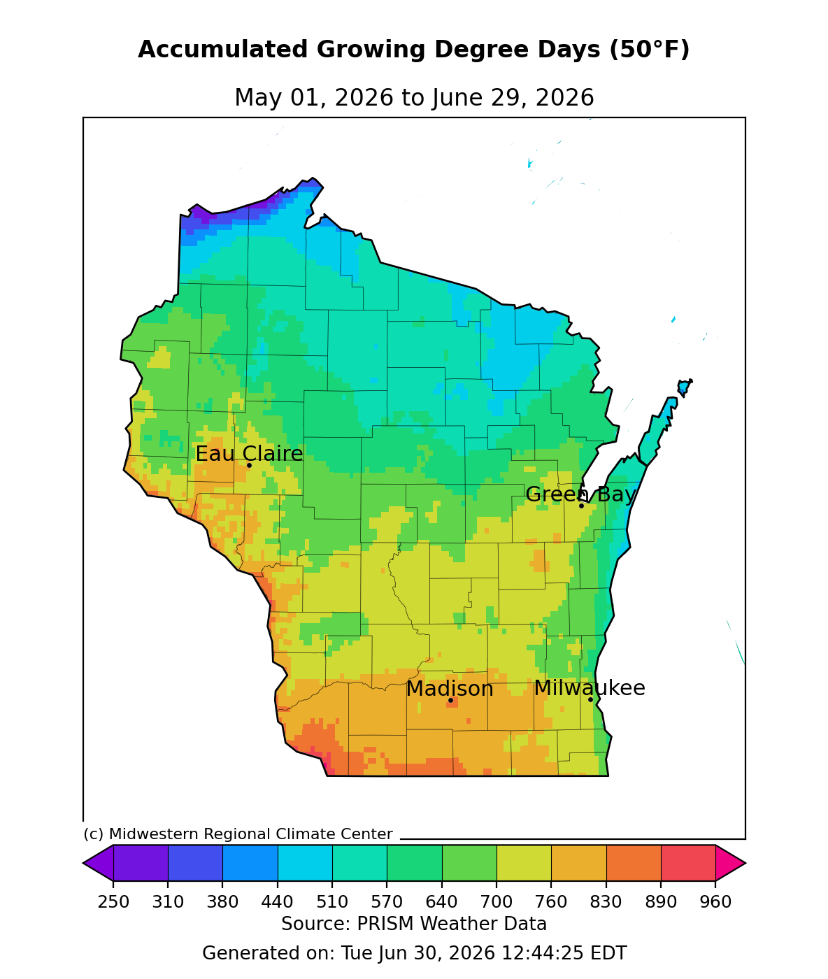 Map of Wisconsin showing accumulated Growing Degree Days (50°F), May 1–Jun 29, 2026, ranging ~350 north to ~850 south. Image description below.