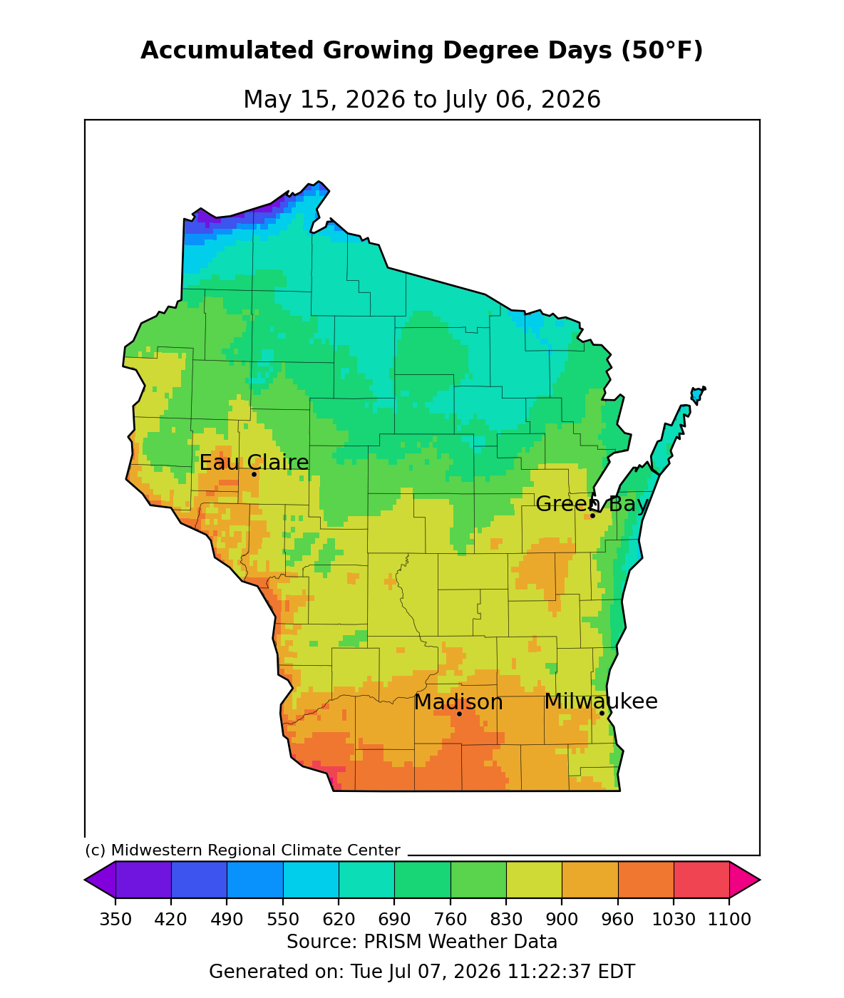 Map of Wisconsin, Growing Degree Days (50°F) accumulation, May 15–Jul 6, 2026. Image description below.