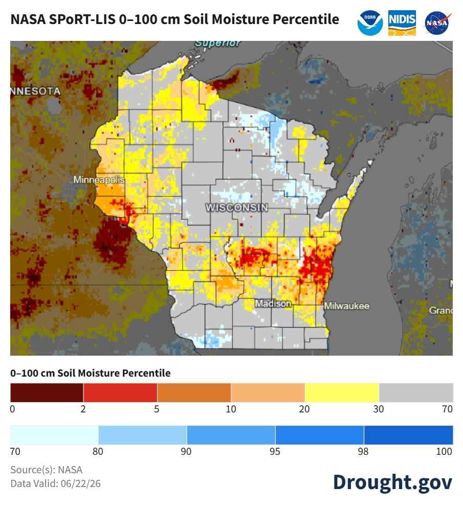 Map of Wisconsin soil moisture percentiles, 0–100cm depth, valid 6/22/26. Image description below.