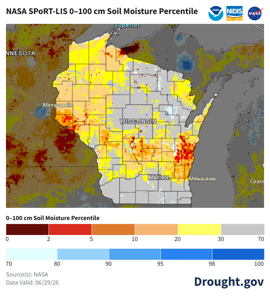 Map: NASA SPoRT-LIS 0–100 cm soil moisture percentile for Wisconsin, valid 06/29/26. Image description below.
