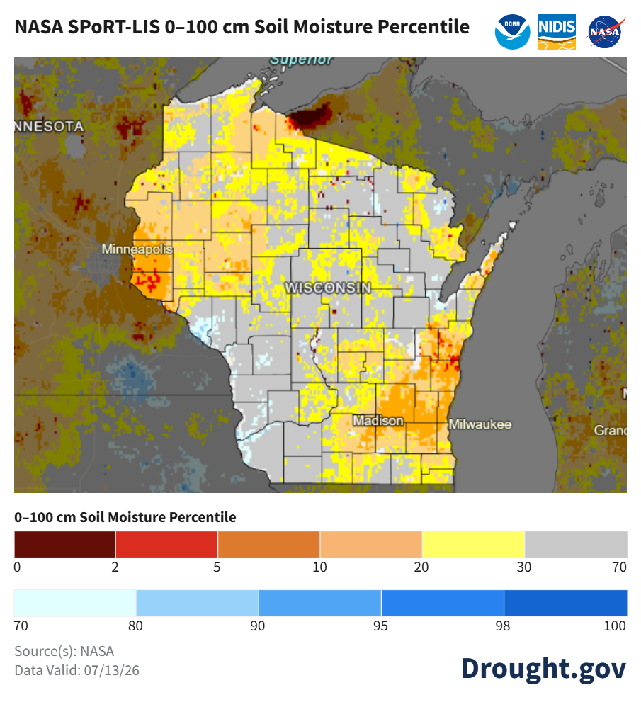 Map of Wisconsin soil moisture percentiles by county, 07/13/26. Image description below.