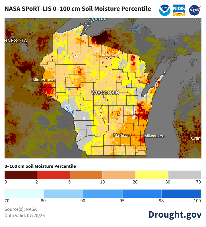 NASA SPoRT-LIS 0-100 cm soil moisture percentile map for Wisconsin, valid 7/20/26. Mostly below-normal soil moisture statewide.