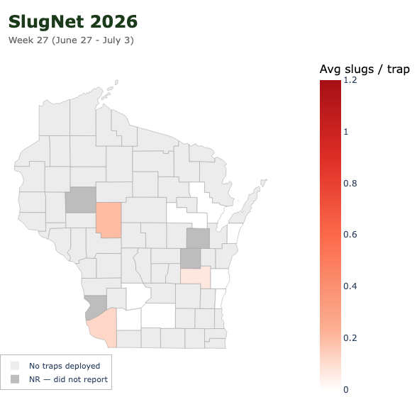 Average slugs captured from June 27 – July 3, 2026. SlugNet 2026 Wisconsin map.