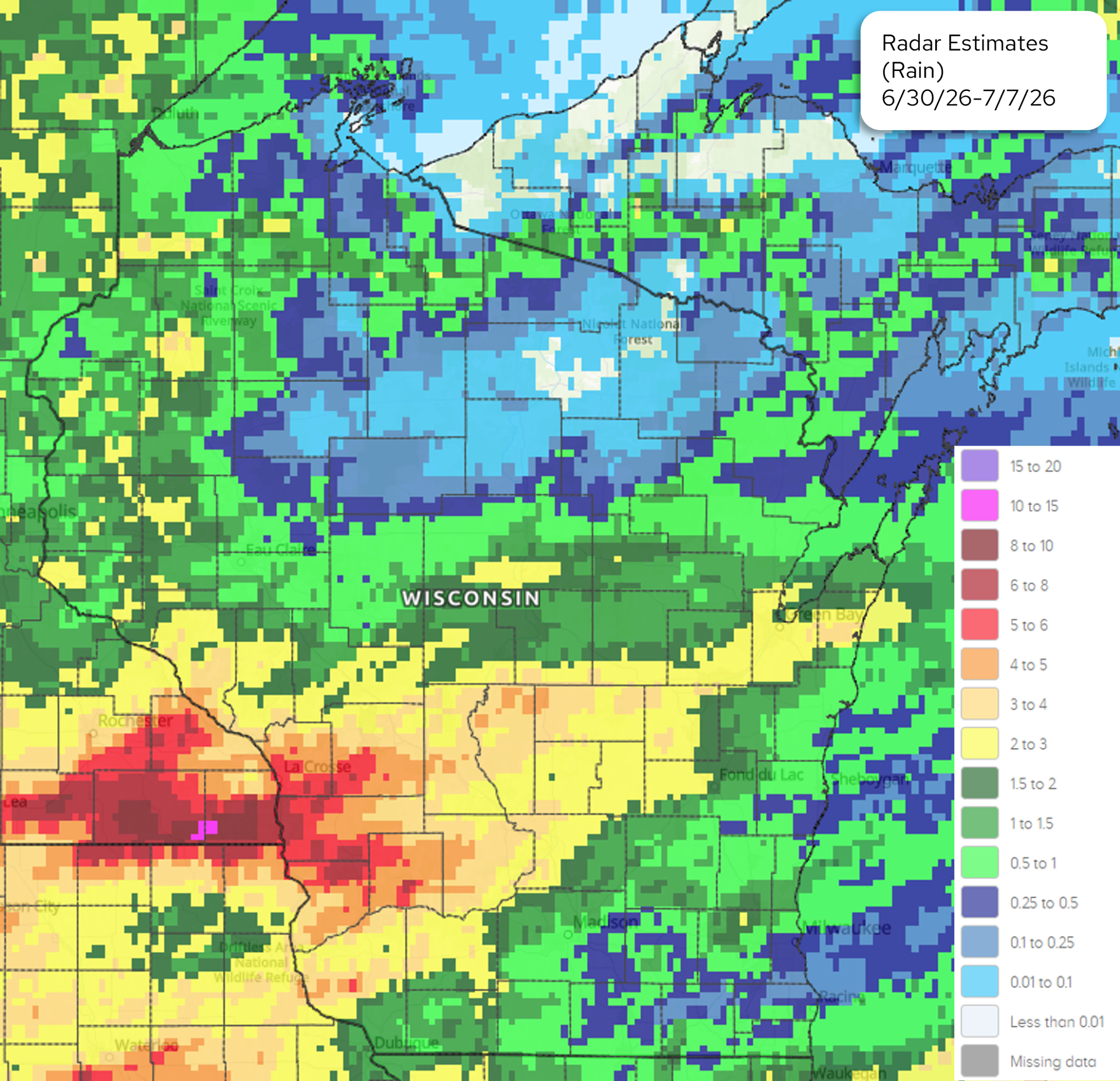 NOAA radar rainfall map, Upper Midwest, 6/30–7/7/26. Image description below.