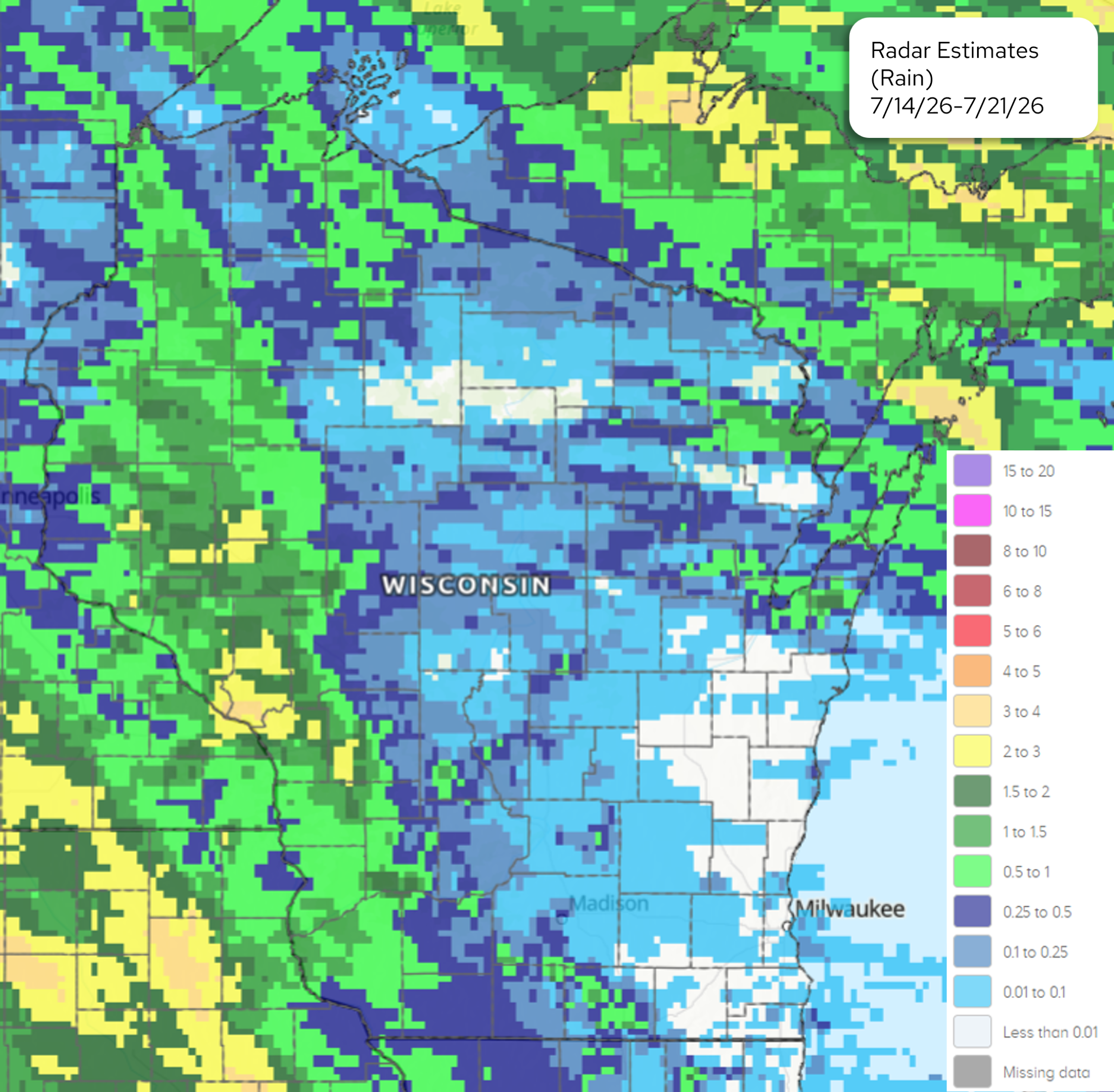 NOAA radar rainfall estimate map, Wisconsin region, 7/14/26–7/21/26. Image description below.