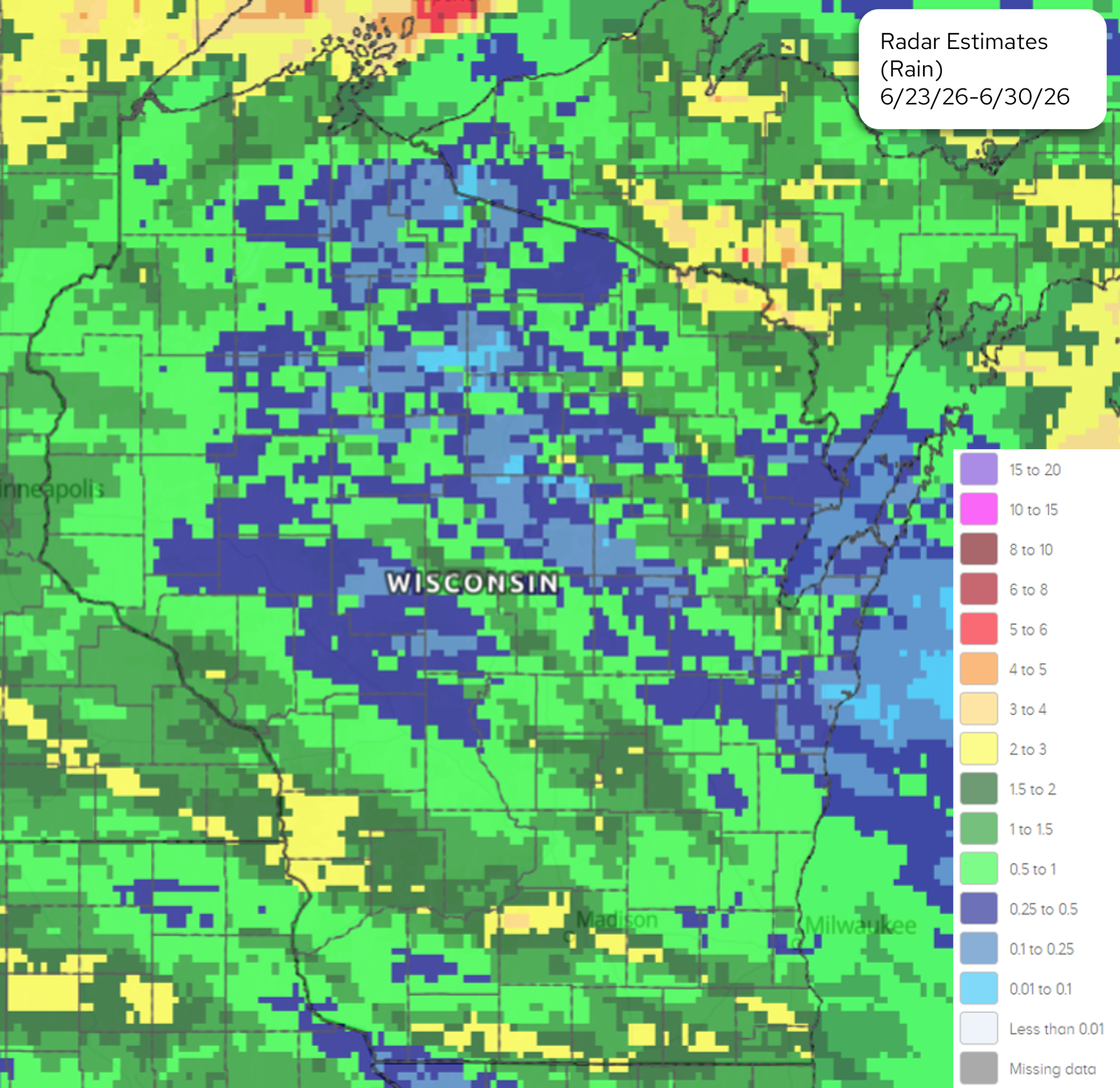 NOAA radar rainfall estimate map, upper Midwest, 6/23–6/30/26. Image description below.