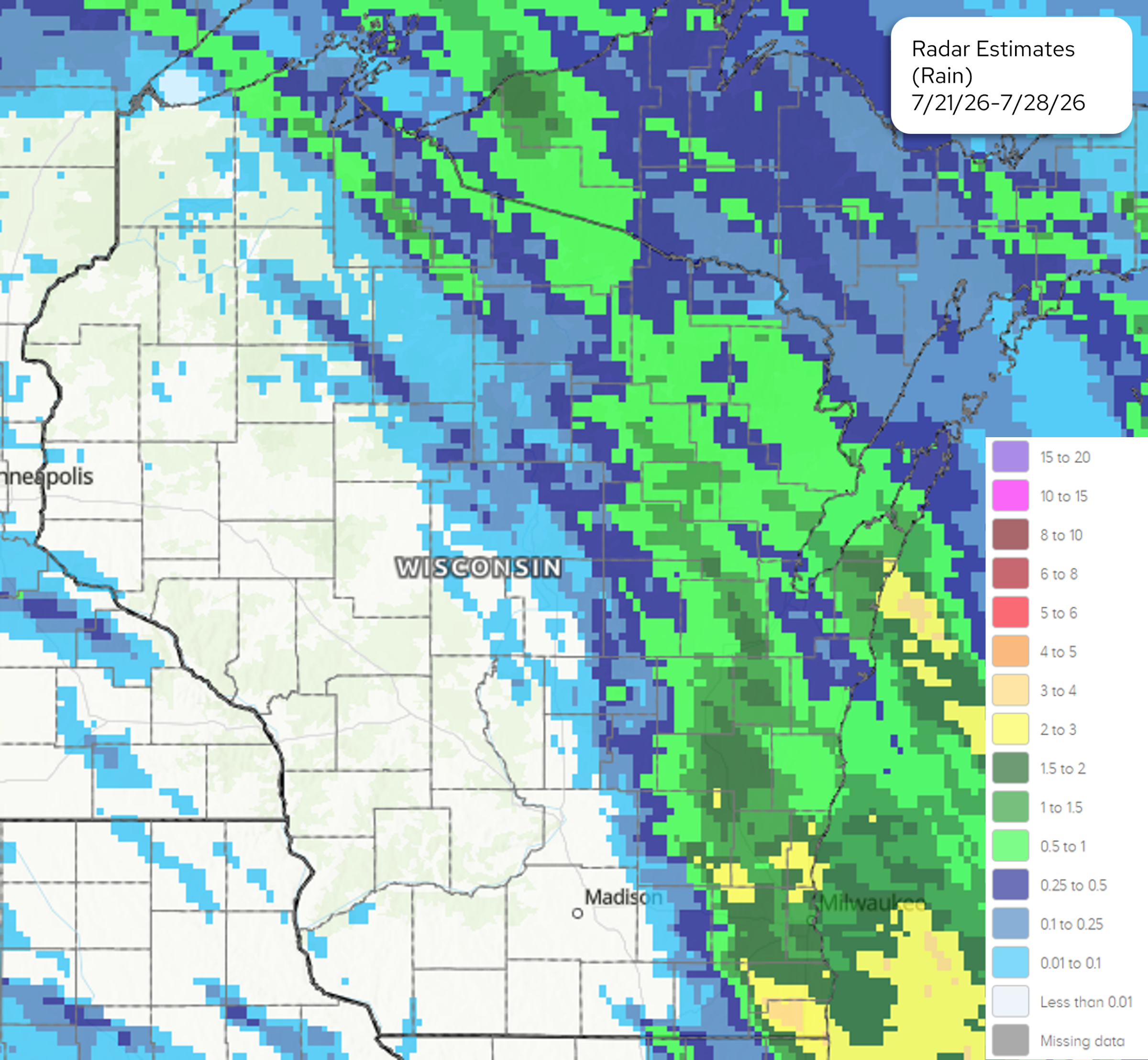 NOAA map labeled “Radar Estimates (Rain) 7/21/26-7/28/26” showing highest rainfall in eastern Wisconsin near Milwaukee and lower totals westward.