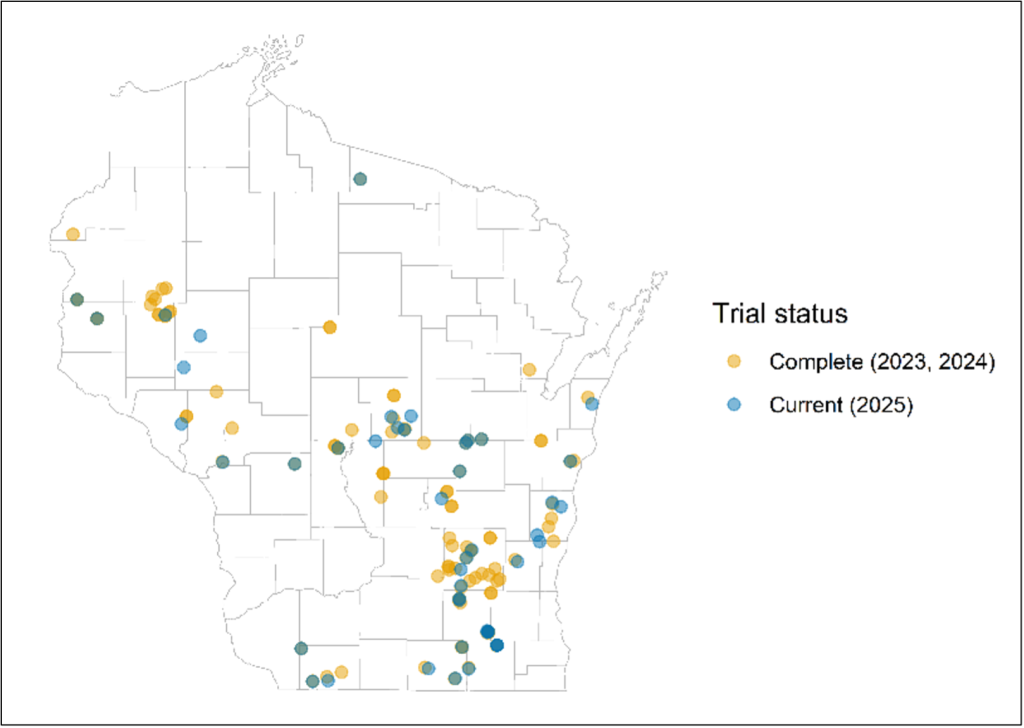 Map of Wisconsin showing trial sites statewide; gold dots indicate completed 2023–2024 trials and blue dots indicate current 2025 trials.