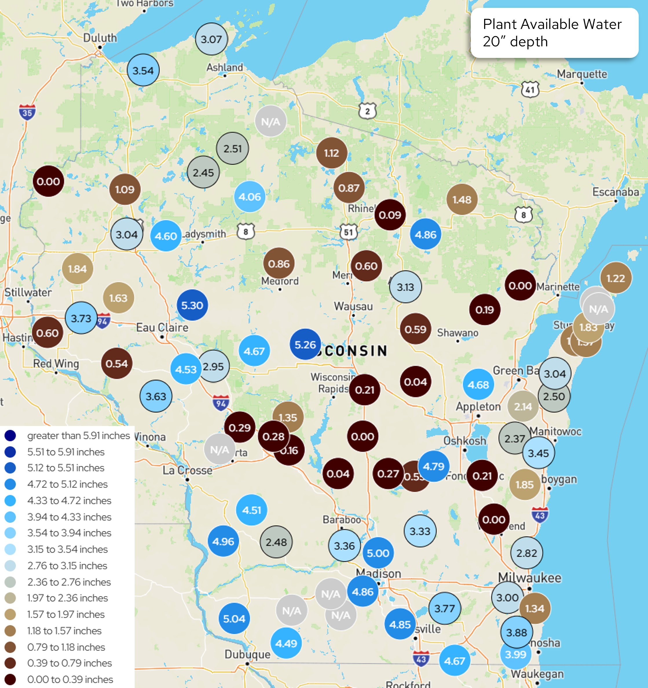 Wisconsin map of plant available water (20" depth) by station, color-coded 0–5.91+ inches; many stations near 0, several above 4.5. Image description below.
