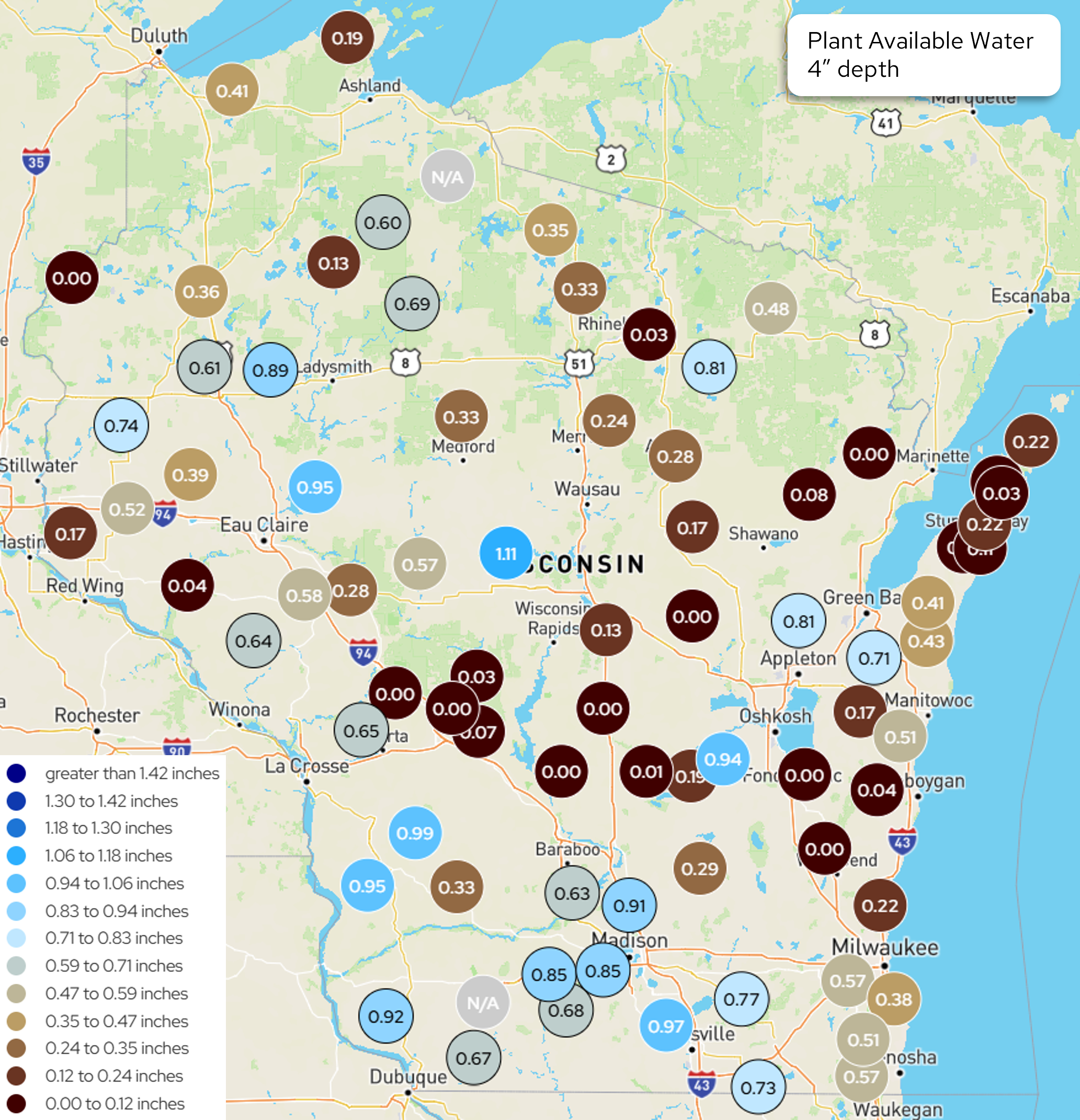 Wisconsin map, "Plant Available Water, 4" depth," showing color-coded values by location, ranging near 0.00 to 1.11 inches. Image description below.