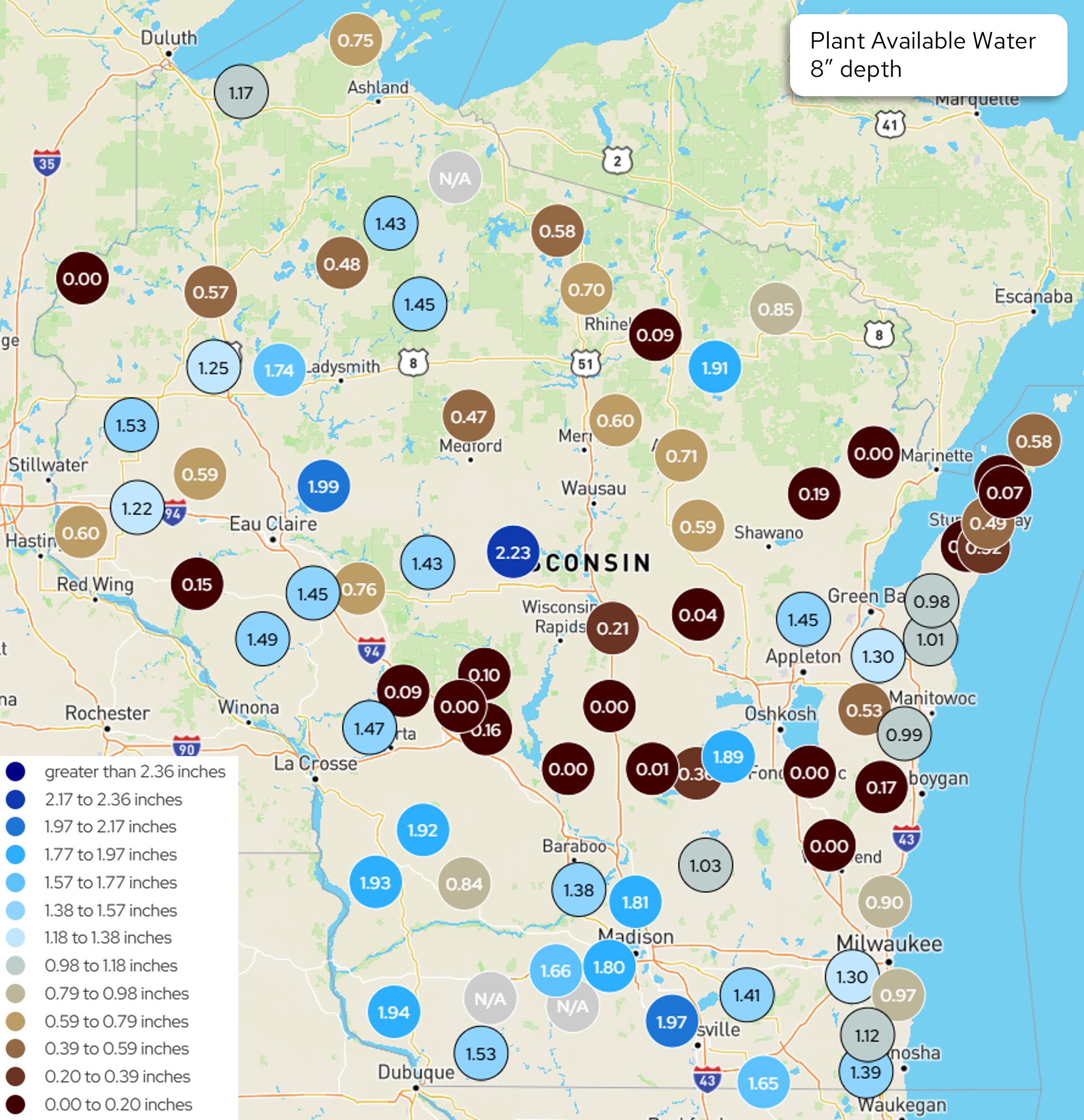 Wisconsin map of Plant Available Water at 8" soil depth by station. Values range 0.00 to 2.23 inches, color-coded. Image description below.