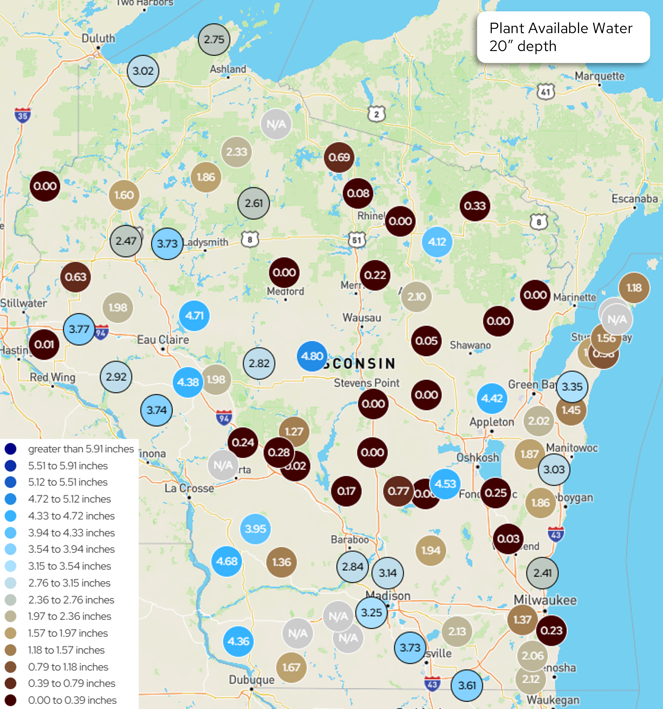 Wisconsin map, Plant Available Water at 20" depth, color-coded circles by location, values from 0.00 to 4.80 inches. Image description below.