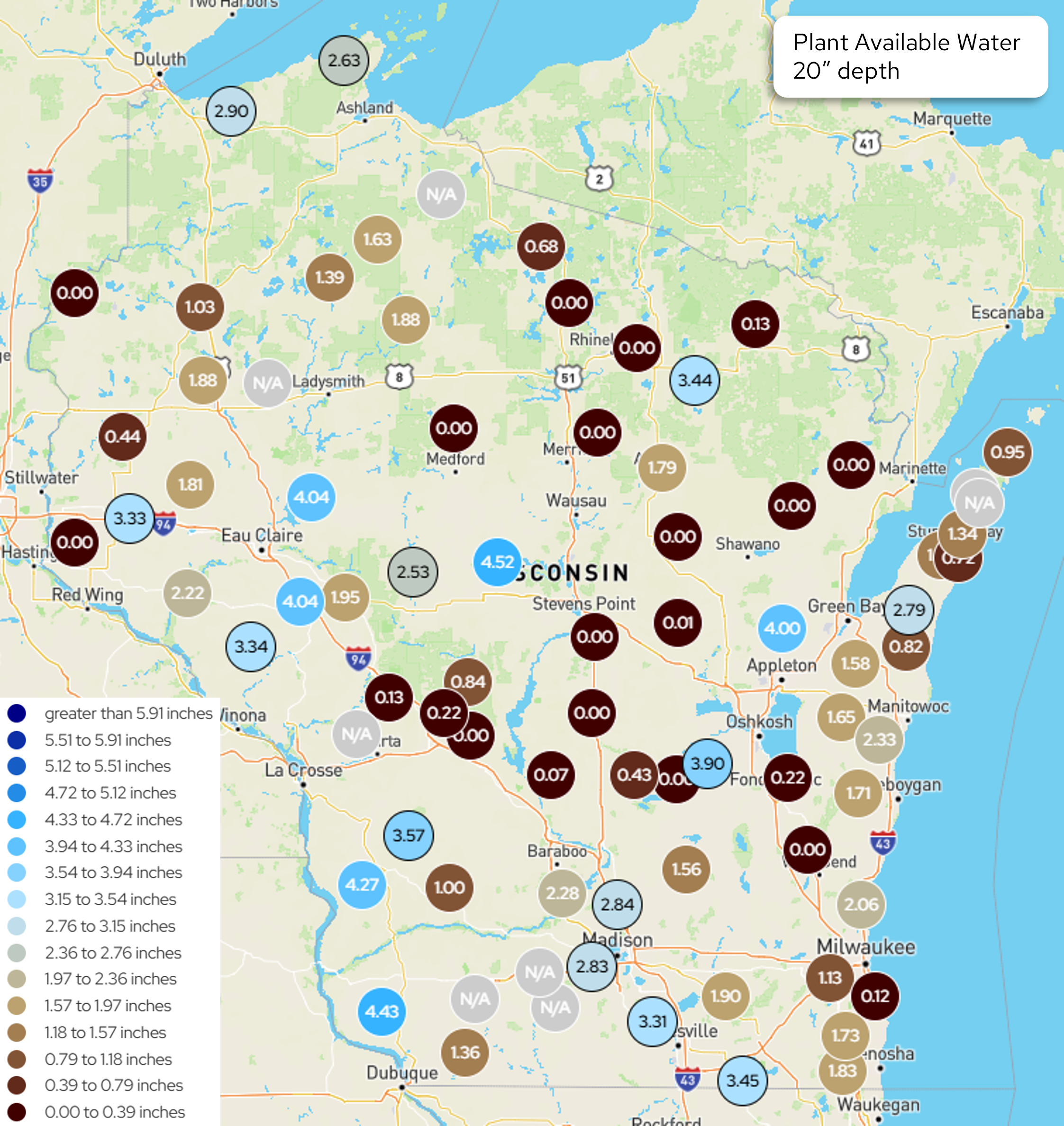 Plant Available Water at 20-inch depth across Wisconsin. Deep soil moisture varies widely, with highest values in western and central areas.