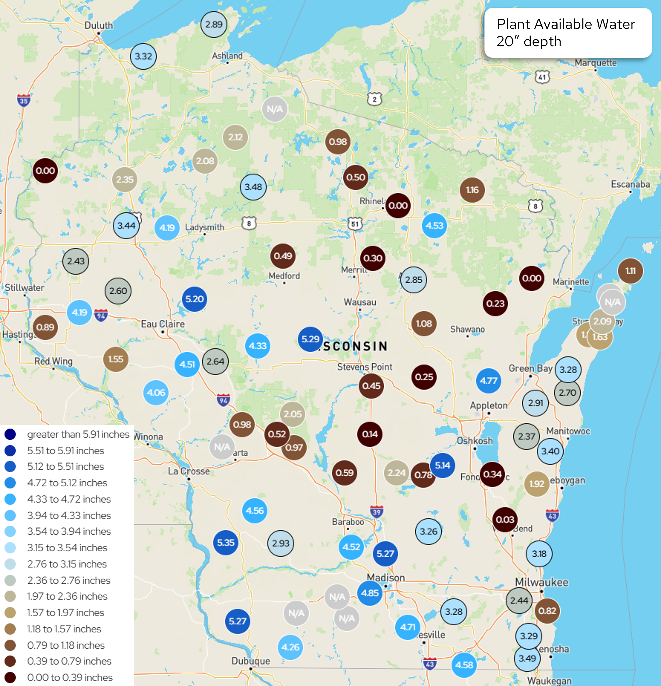 Wisconsin map of Plant Available Water (20" depth) by location, color-coded dark red (driest) to dark blue (wettest); values range 0.00–5.35". Image description below.