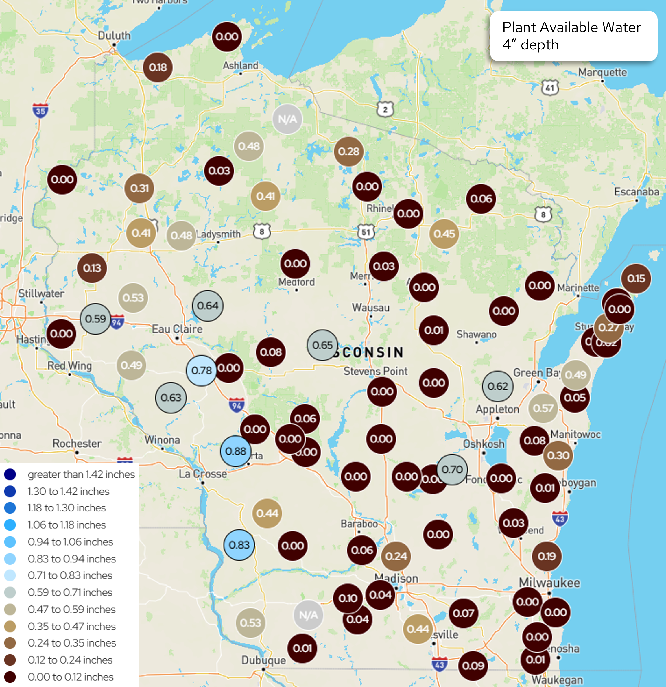 Wisconsin map, Plant Available Water at 4" depth by station. Most sites near 0.00–0.10 in; scattered higher values (0.4–0.9 in) in west-central WI. Image description below.