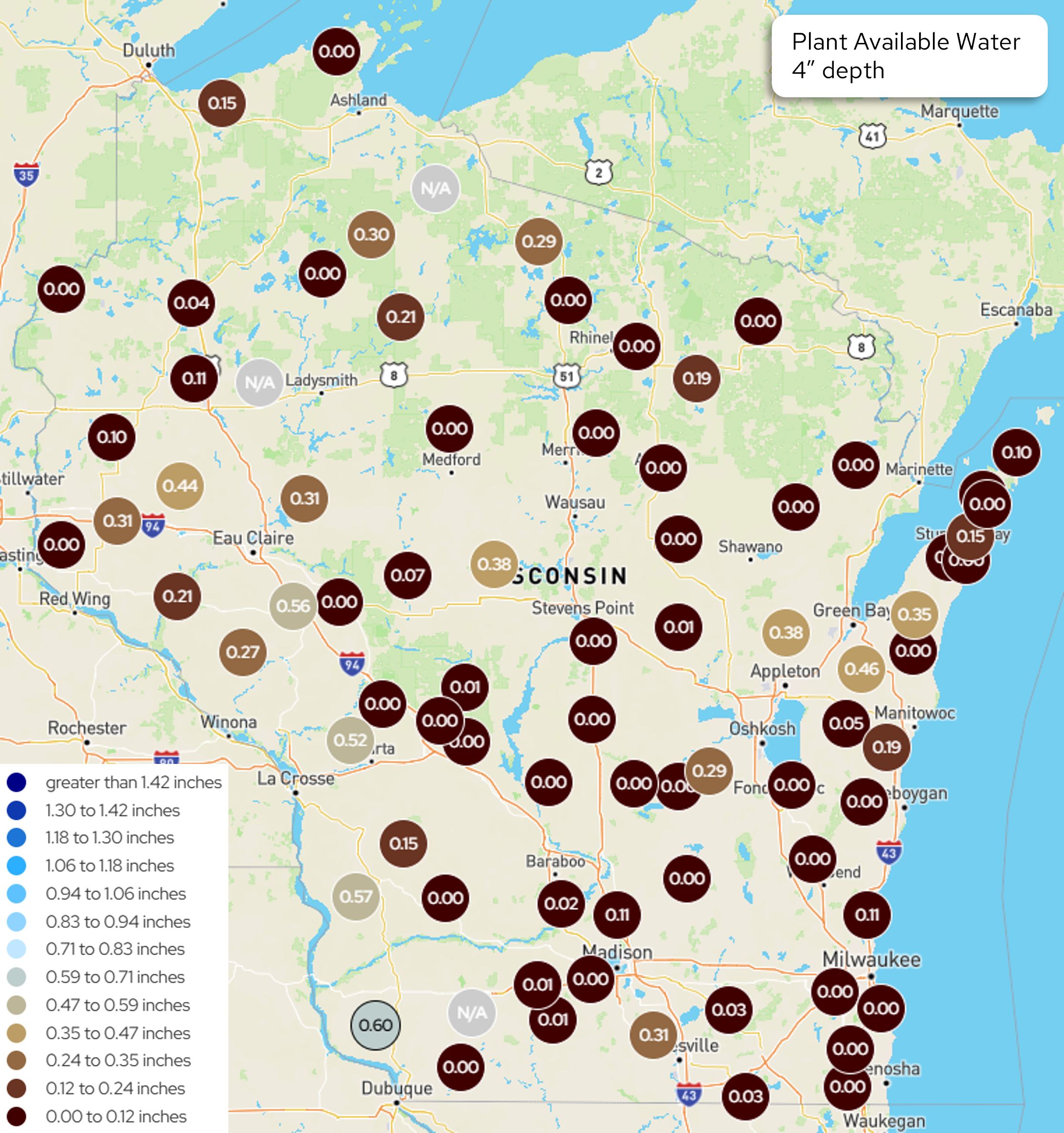 Plant Available Water at 4-inch depth across Wisconsin. Most monitoring sites show very low available water, with many readings near 0.00 inches.