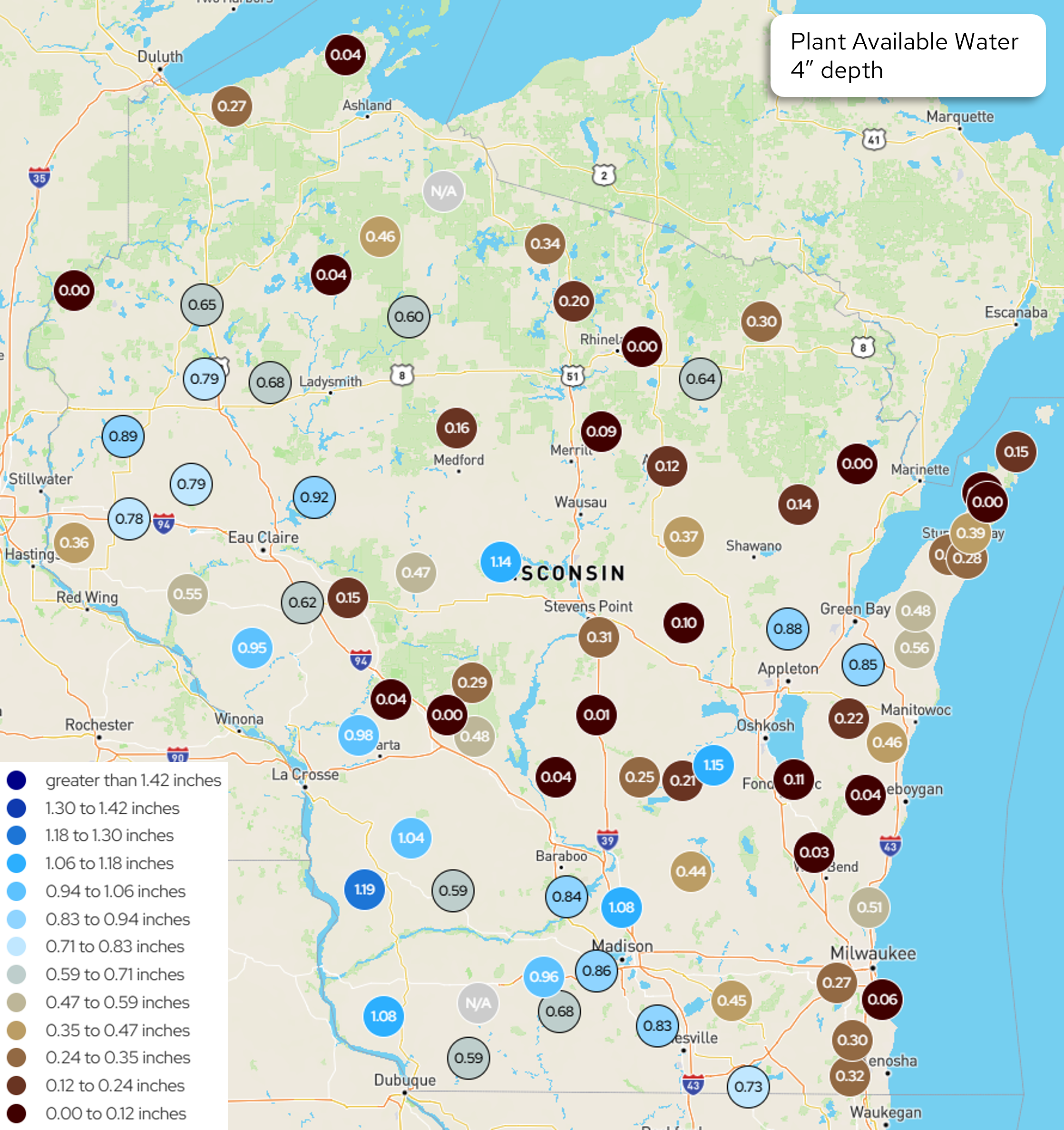 Map of Wisconsin showing plant available water at 4" soil depth by weather station, dark red (low, 0.00–0.12") dominant statewide. Image description below.
