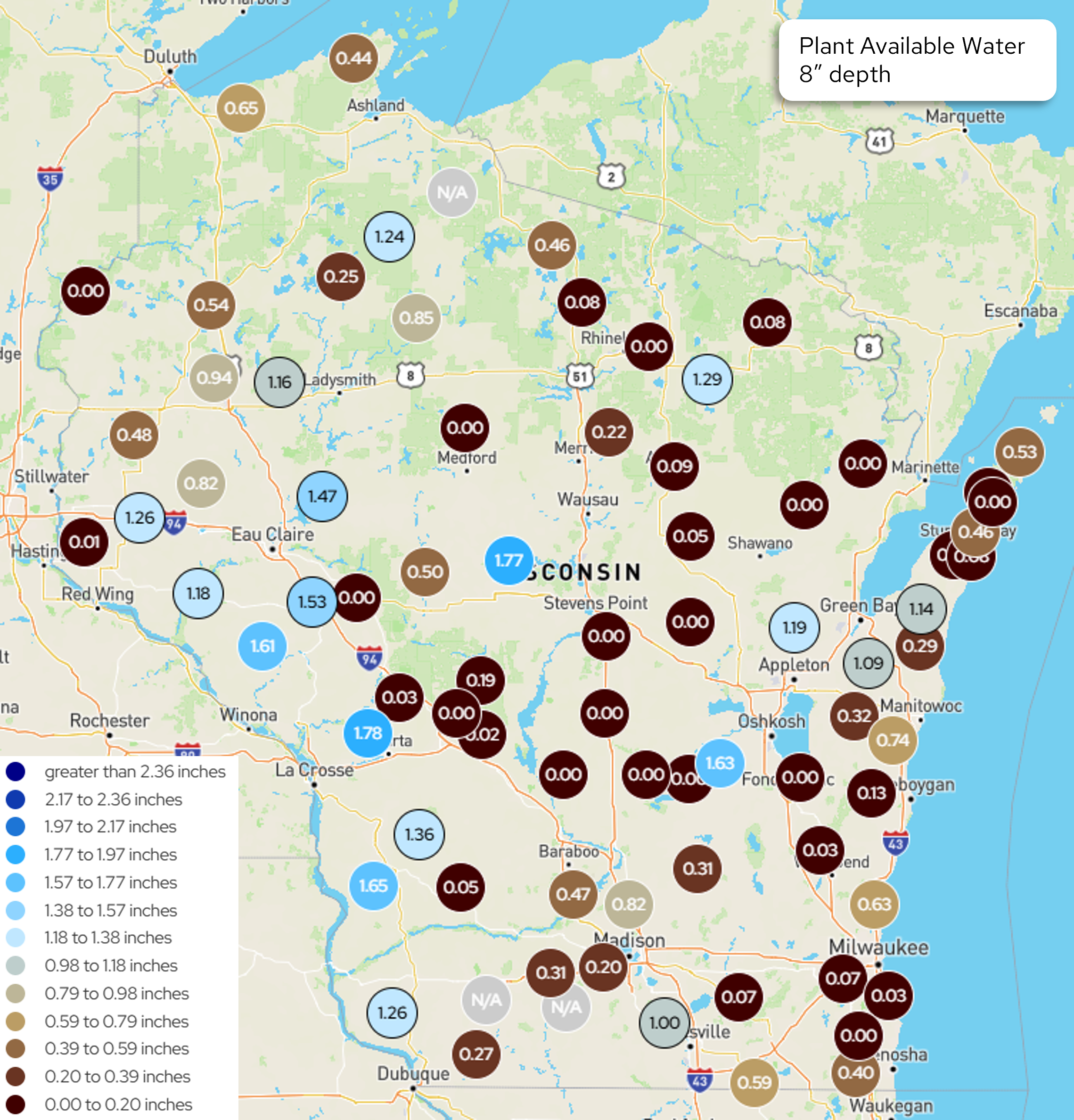 Wisconsin map, Plant Available Water at 8" depth by location; most sites near Madison/central WI show 0.00–0.20 in, some NW/central sites 1.2–1.8 in. Image description below.