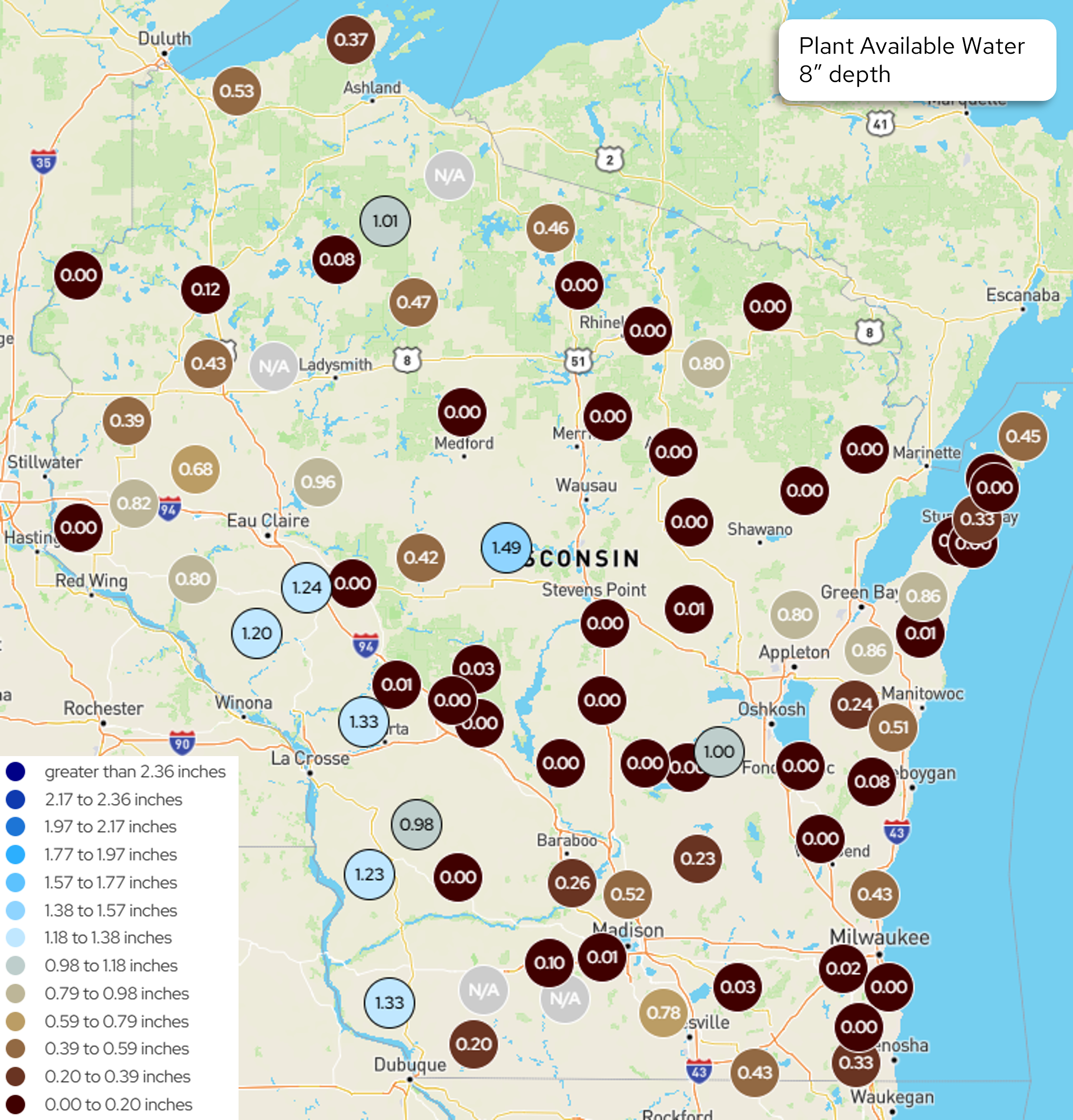 Plant Available Water at 8-inch depth across Wisconsin. Many sites show very low water, with higher values concentrated in western Wisconsin.