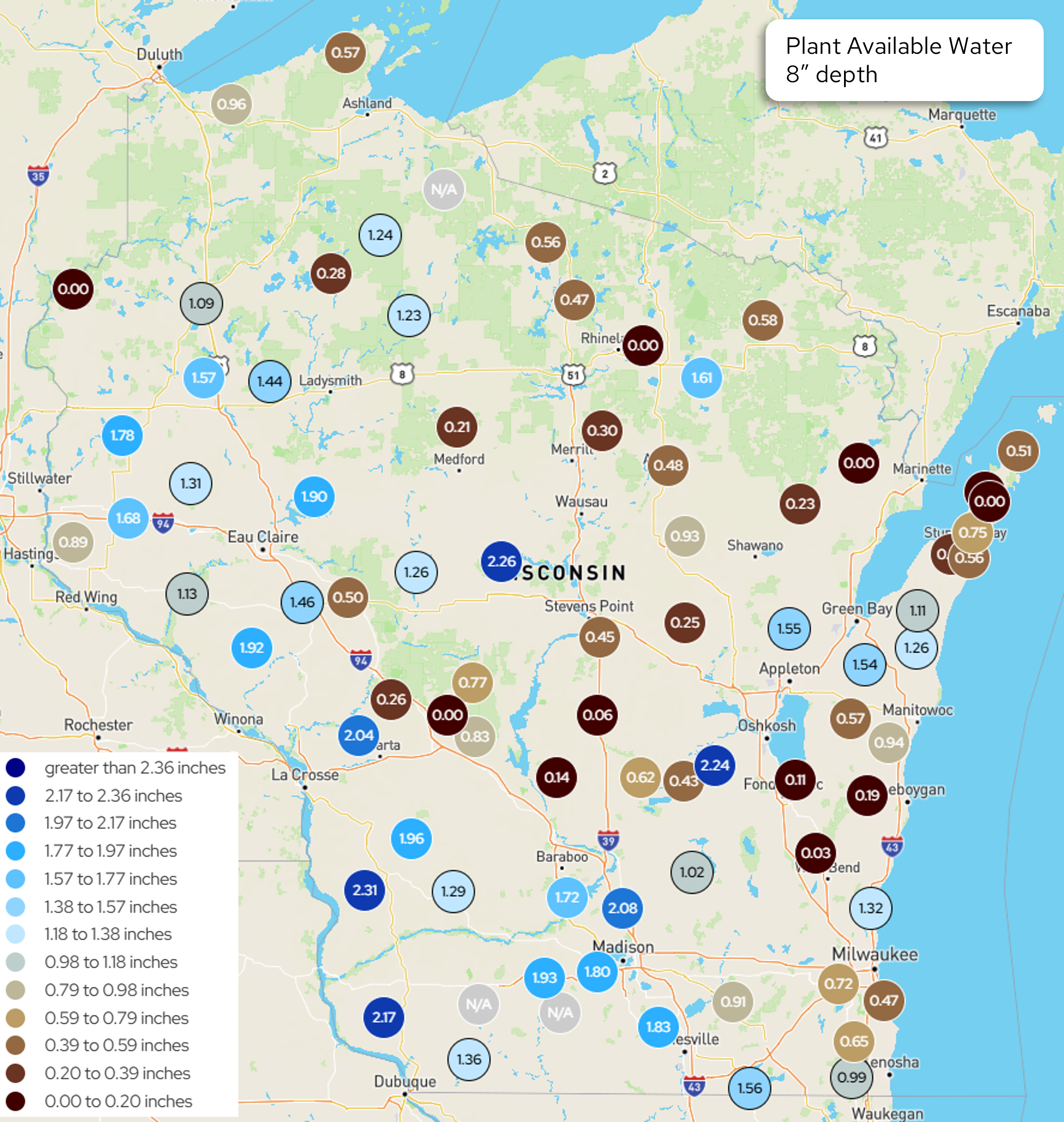 Wisconsin map, Plant Available Water at 8" depth, color-coded circles by county/station. Values range 0.00 to 2.31 inches. Image description below.
