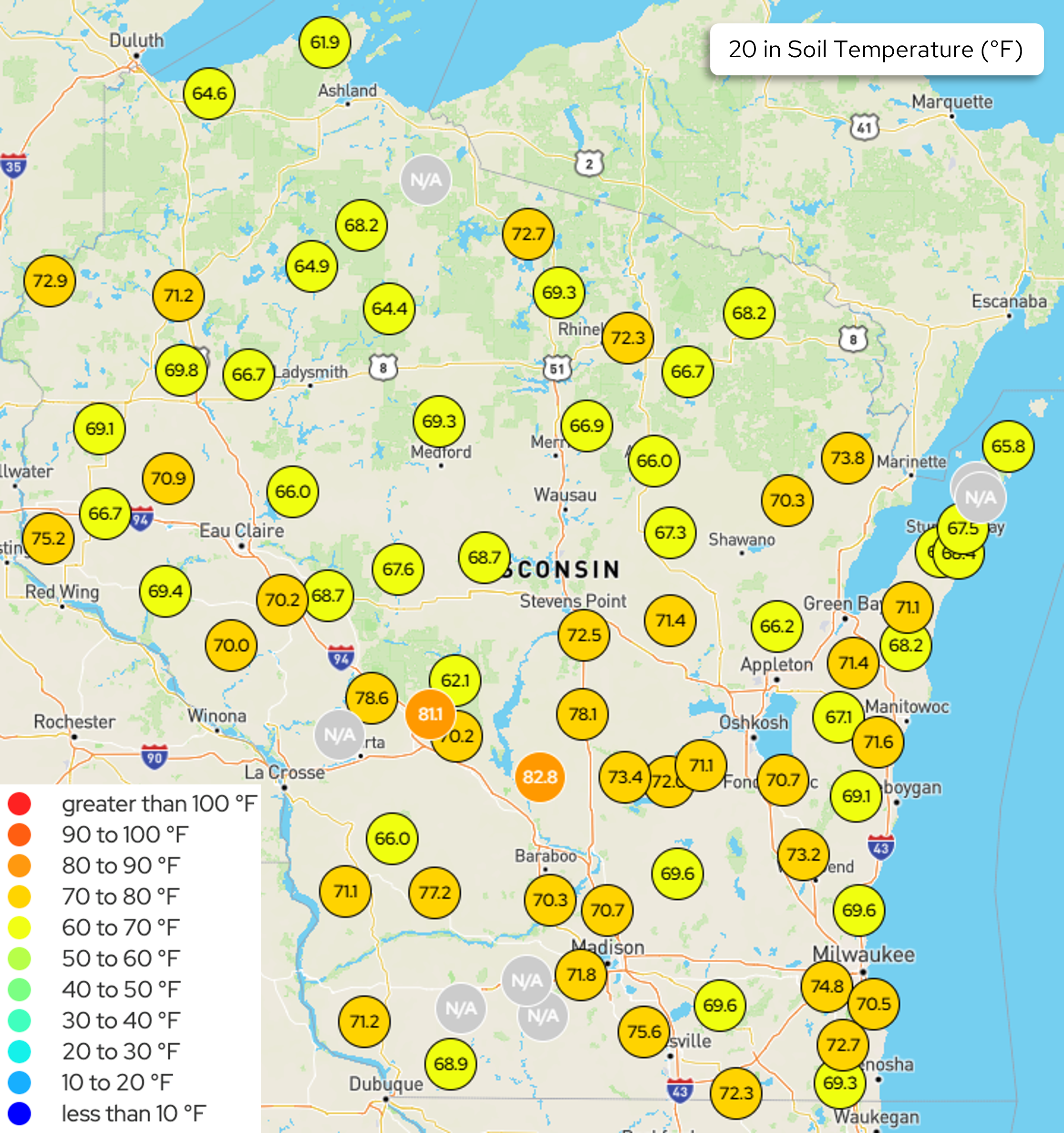 Map of Wisconsin showing 20-inch soil temperatures (°F) at monitoring stations statewide; most readings 60s-70s, several 70s-80s in south/central WI. Image description below.
