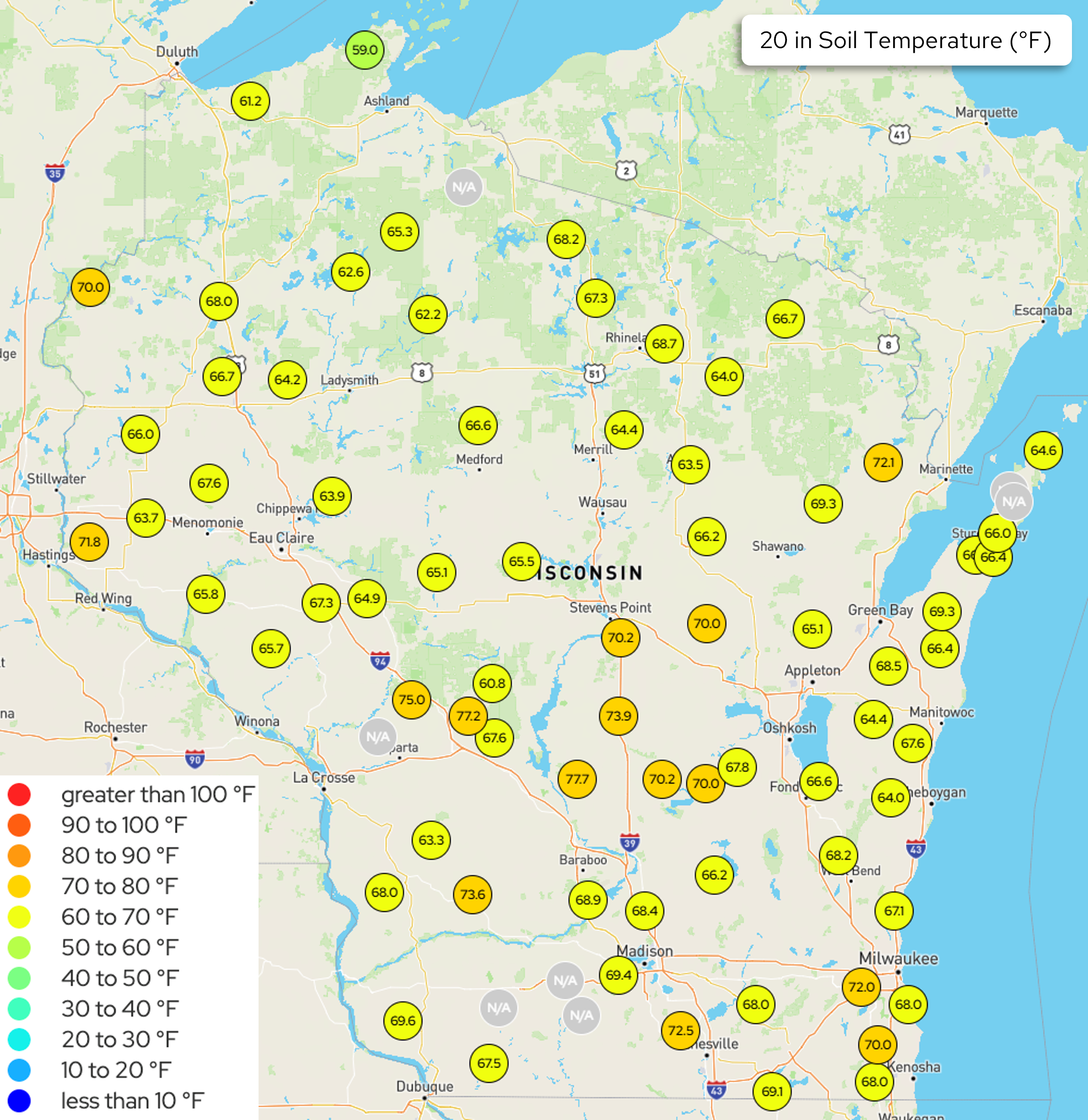 Map of Wisconsin showing 20-inch soil temperatures (°F) by station. Image description below.