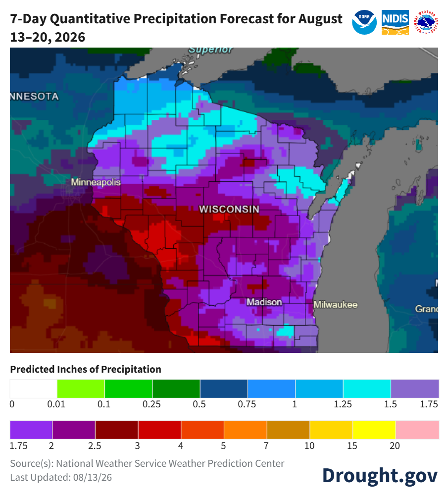 Map showing 7-day predicted inches of precipitation for Wisconsin from August 13 to 20, 2026.