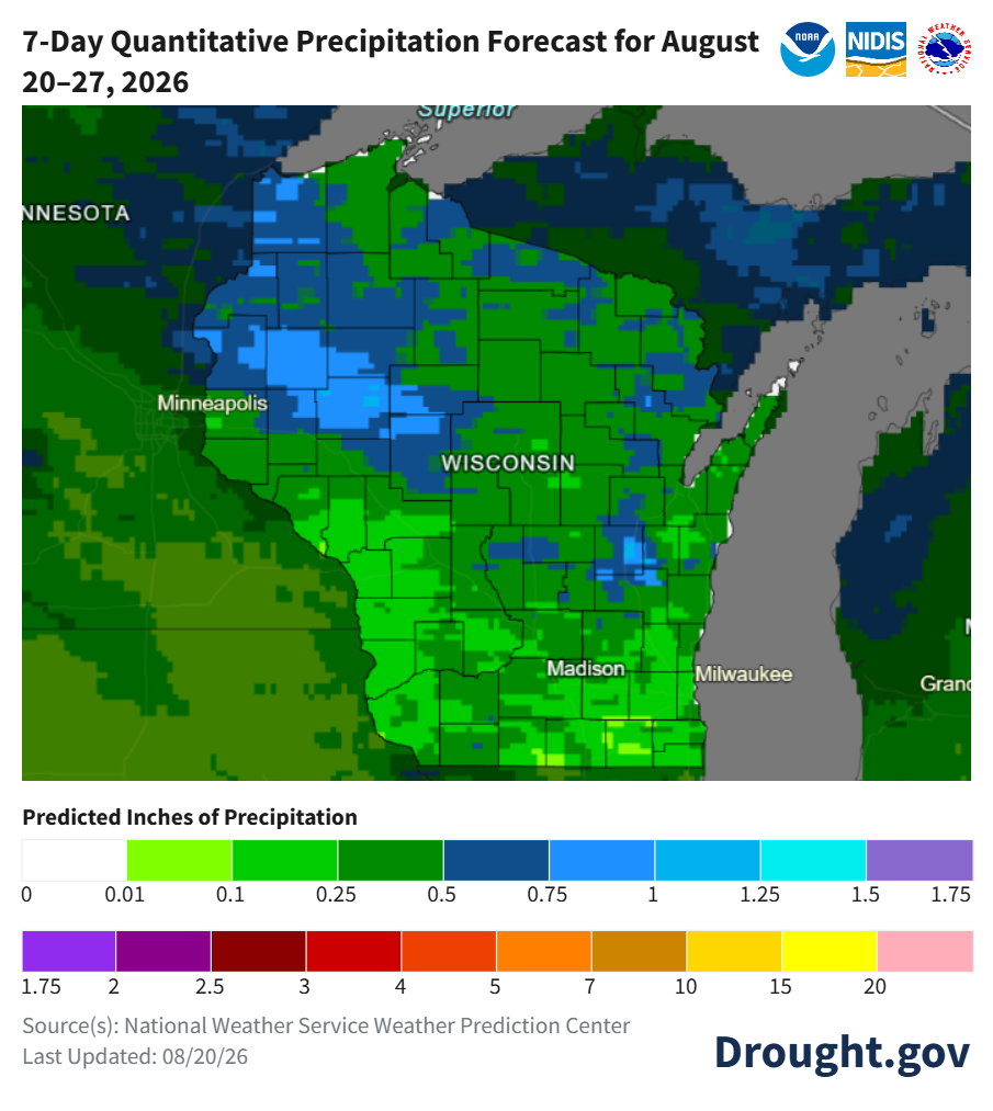 Map showing 7-day quantitative precipitation forecast for Wisconsin, August 20–27, 2026, from Drought.gov. 