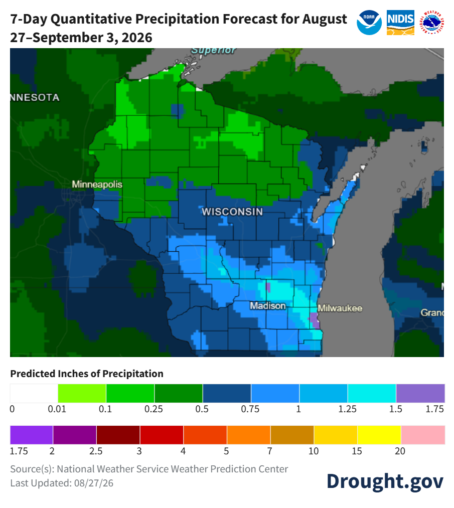Map showing 7-day quantitative precipitation forecast for Wisconsin from August 27 to September 3, 2026.