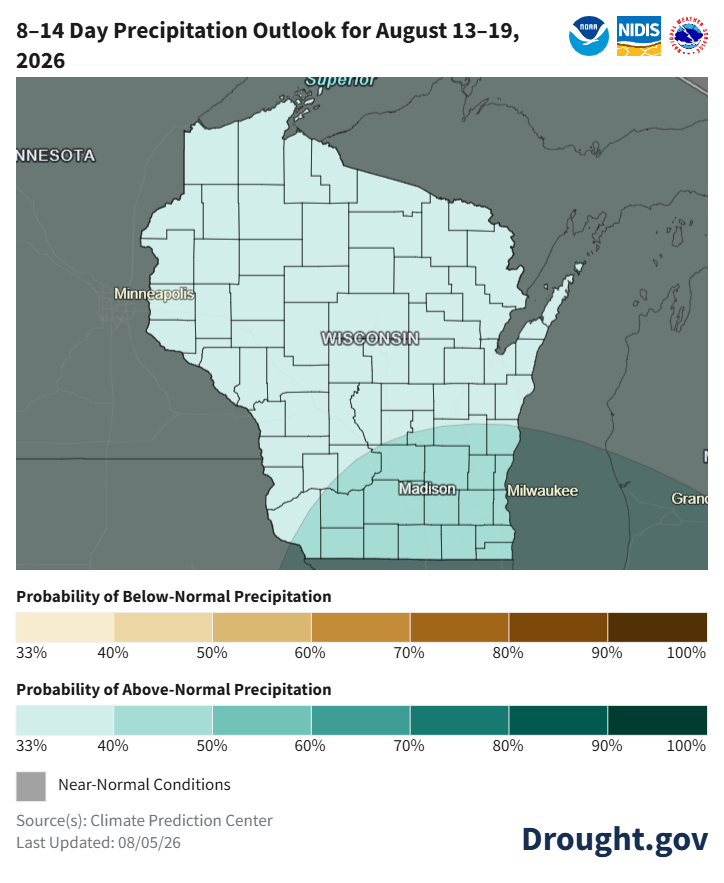 8–14 day precipitation outlook map for Wisconsin, August 13–19, 2026. Image description below. 
