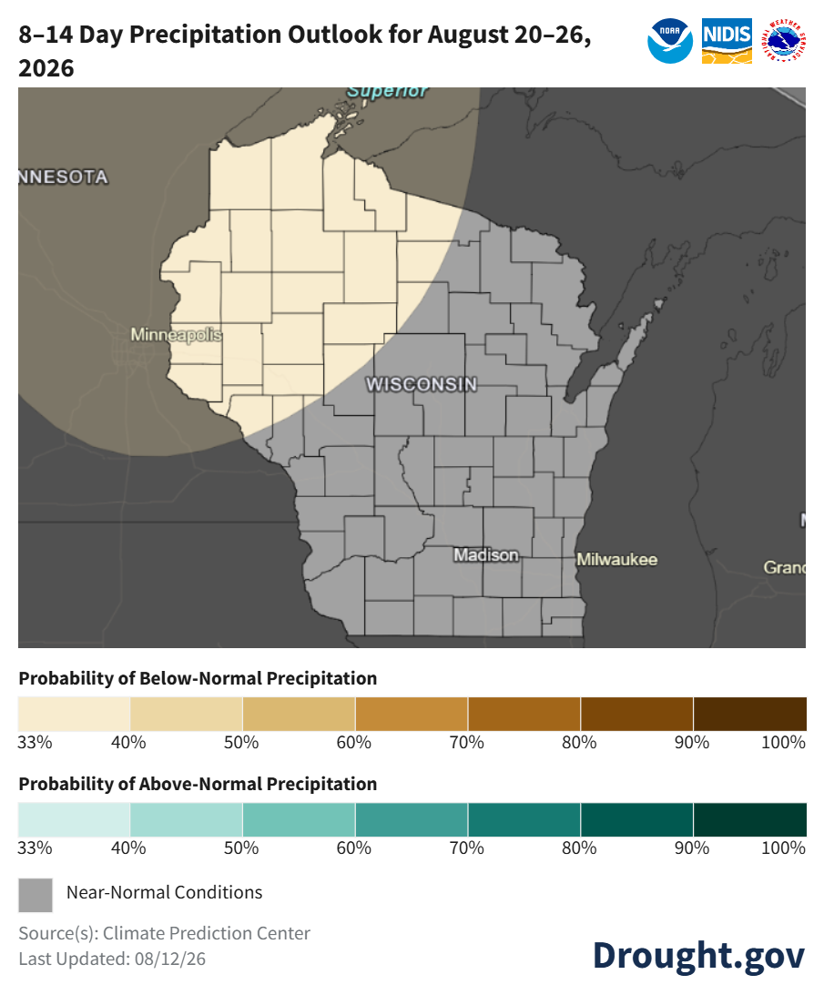 Map showing 8-to-14-day precipitation outlook for Wisconsin, August 20 to 26, 2026.