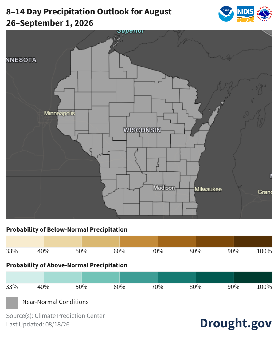 Map showing 8–14-day precipitation outlook for Wisconsin, August 26–September 1, 2026, from Drought.gov. 