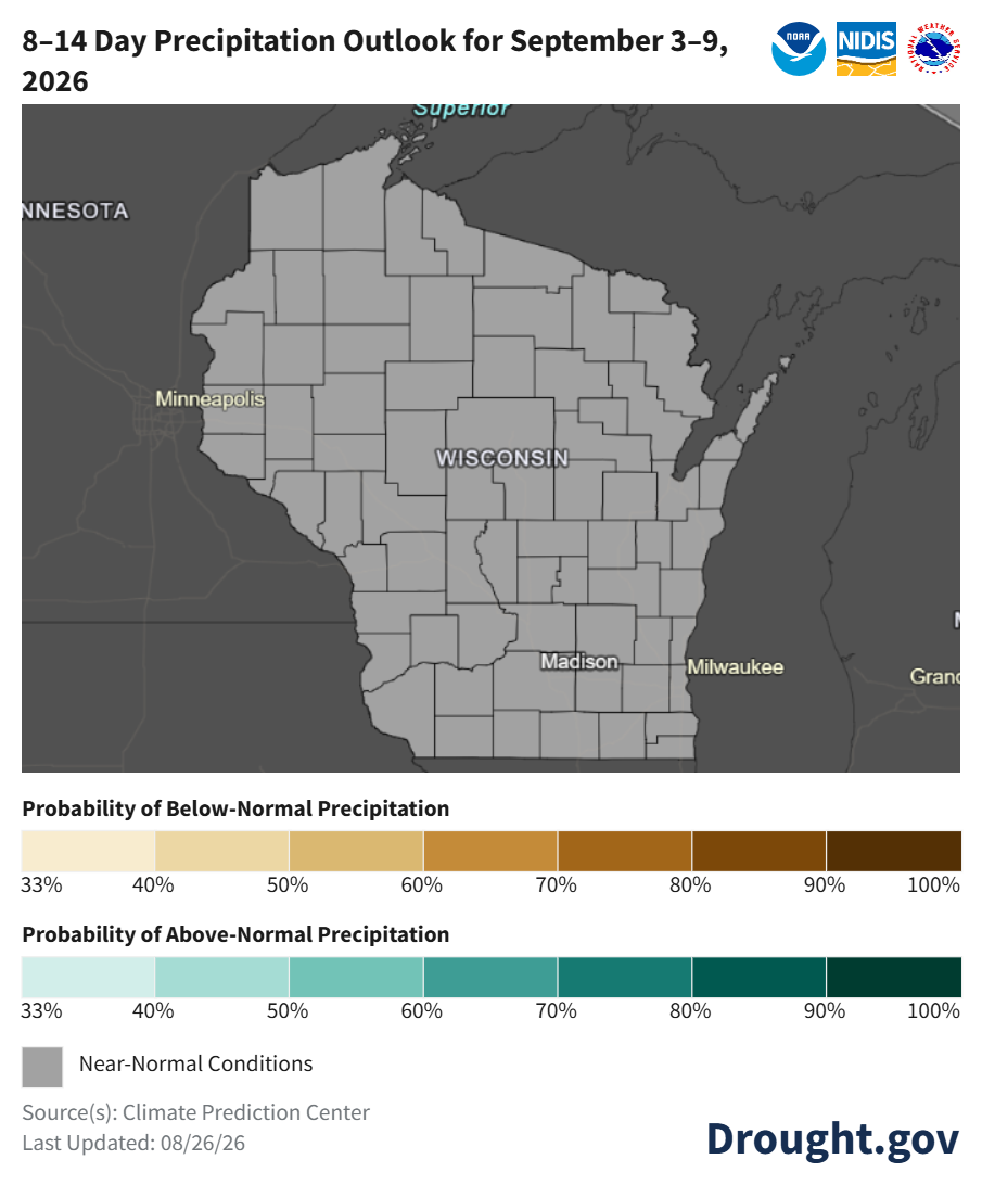 Map showing 8 to 14 day precipitation outlook for Wisconsin from September 3 to 9, 2026.